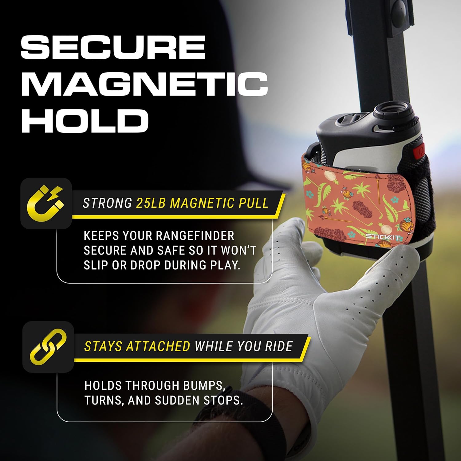 STICKIT Magnetic Rangefinder Strap | Strong Magnet Securely Holds to Golf Carts and Golf Clubs for Easy Access | Slim, Form Fitting, Size Adjustable