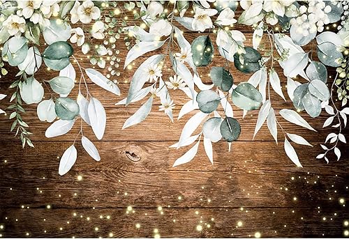 Miniatura 2 de AWERT Telón de fondo rústico de madera floral de 10 x 8 pies, acuarela vegetación blanca, tablones de madera marrón vintage, fondo de fotografía,