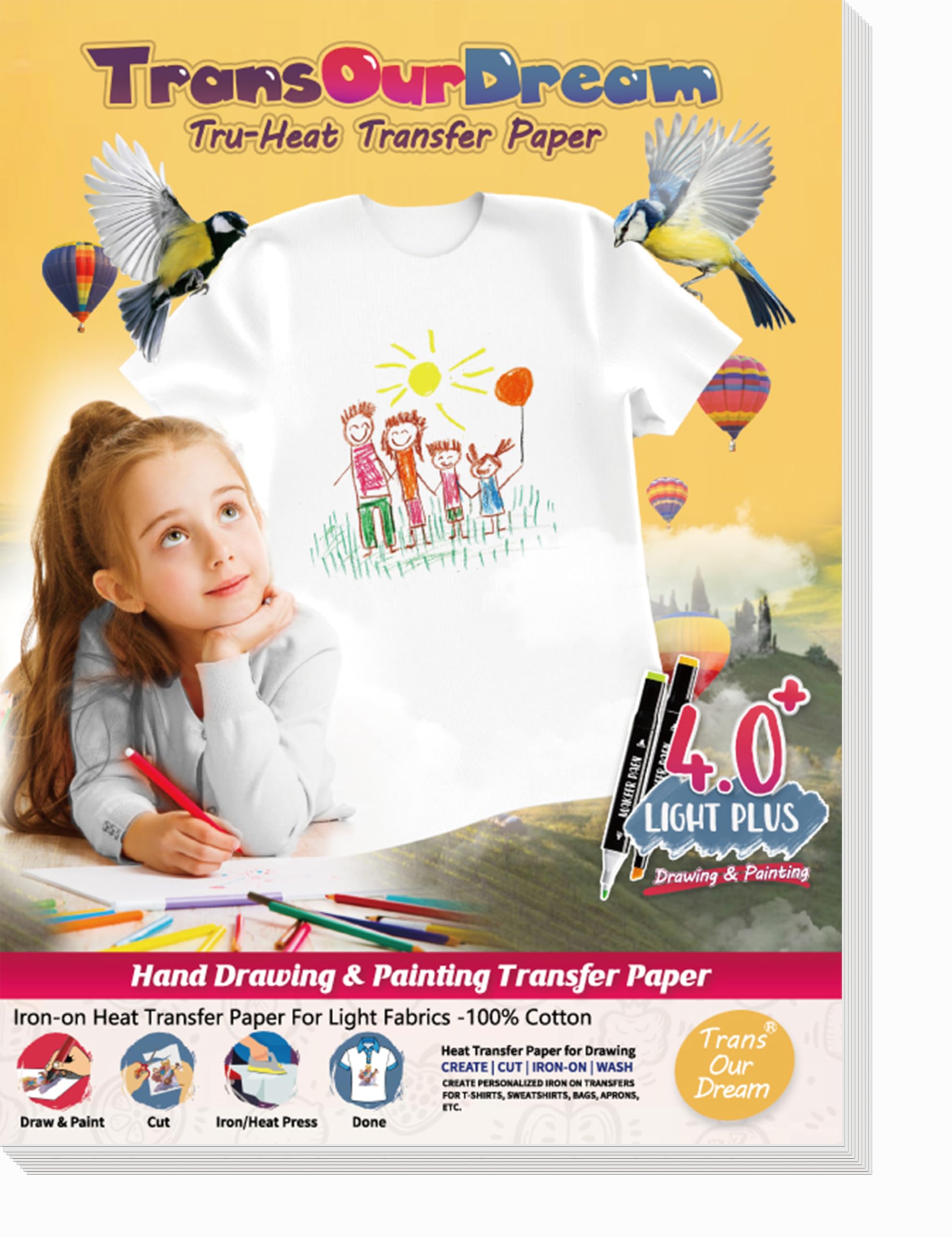 TransOurDream Light 4.0 Plus Heat Transfer Paper T-Shirt Drawing Paper & Painting Iron on Transfers Printable Vinyl Htv for Light White Fabrics 5 Sheets A4 for Kids Artist（TOD-L4P-5)