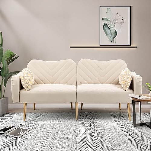 Sofá cama de terciopelo, sofá convertible con patas de metal oro rosa, sofá cama futón con 3 ángulos de respaldo ajustables, cómodo sofá biplaza