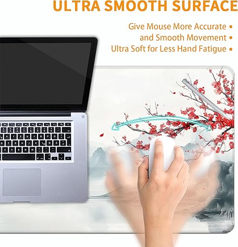 Vista 5 de Alfombrilla de mouse grande con diseño de flor de cerezo en acuarela, tamaño XXL de 35.4 x 15.7 pulgadas, alfombrilla de mouse grande extendida