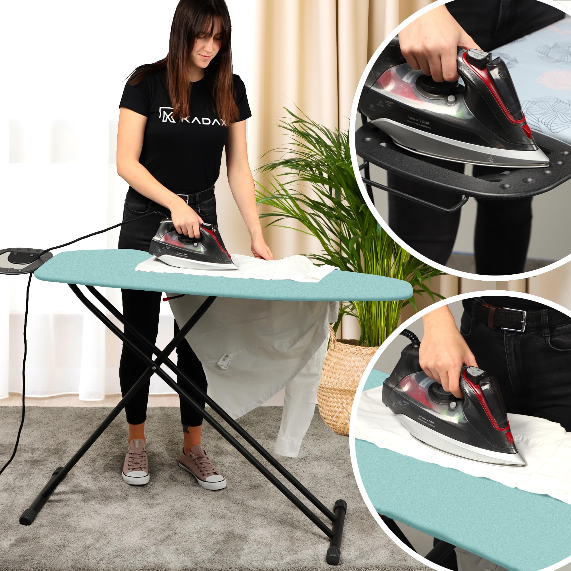 KADAX Tabla de Planchar, 120 x 38 cm, Plegable, Regulable en Altura, Con Base de Espuma de 8 mm y Pies Antideslizantes, Para Planchado Al Vapor