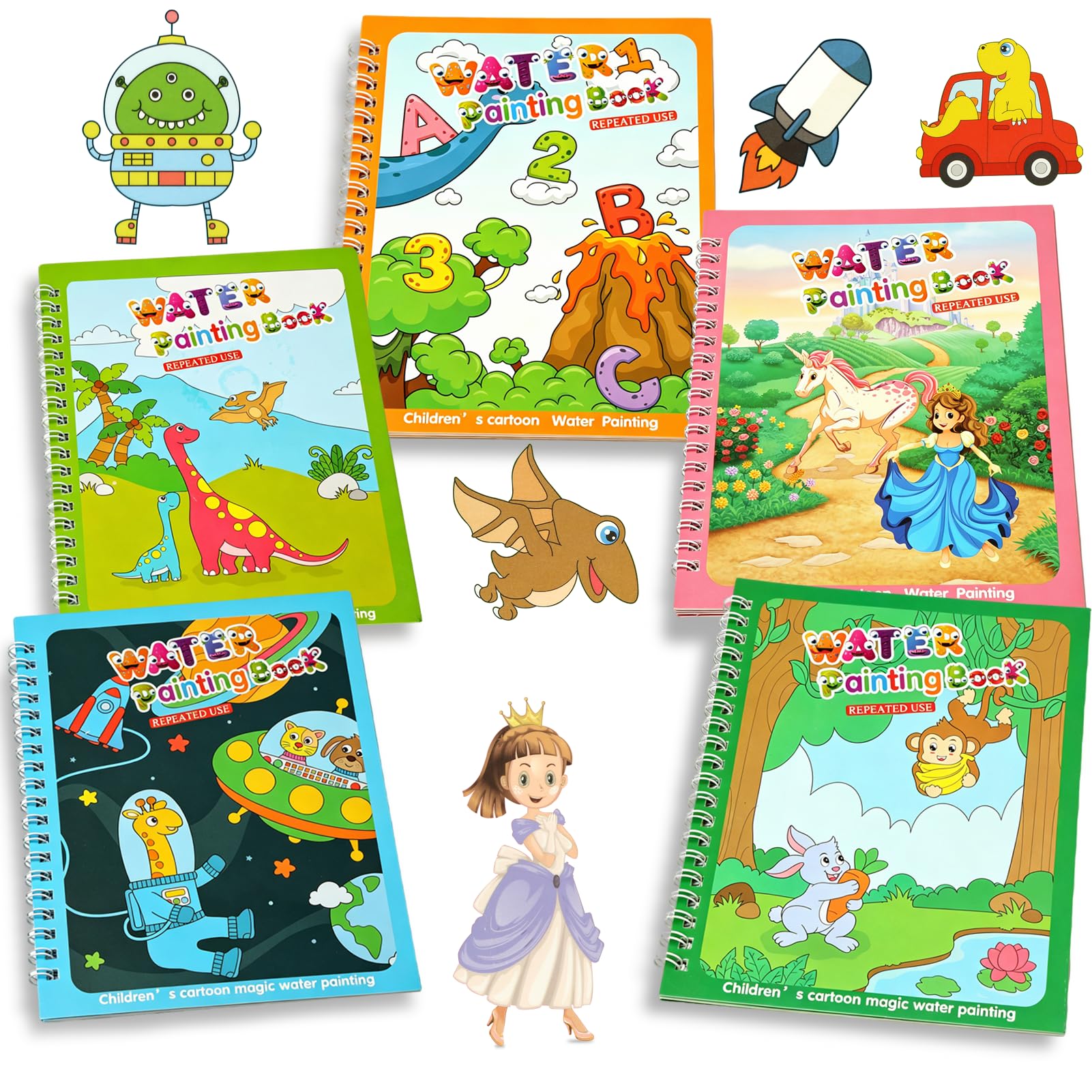 Joyplus Color 5 Pcs Water Colouring Book For Toddlers, Reusable Water Painting Book For Mess Free Colouring,Magic Water Colouring Book,Portable Educational Doodle Drawing Toy,Educational Learning Kits Gifts
