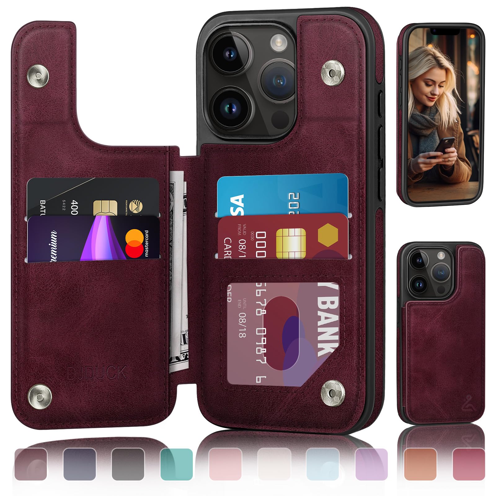 DJDUCK Designed for iPhone 13 Pro Max Case Wallet with Card Holder, [Magnetic Clasp Cover] [RFID Blocking Leather Protection] Shockproof Women Men Cases 6.7 Inch for Apple 13 Pro Max Wine Red