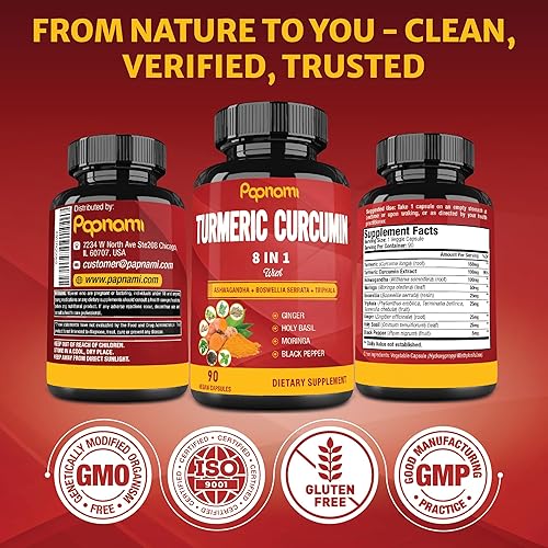 Miniatura 6 de Cápsulas de extracto de curcumina de cúrcuma – 90 unidades de suministro para 3 meses – Ashwagandha mezclado, moringa, jengibre y más – Apoyo para