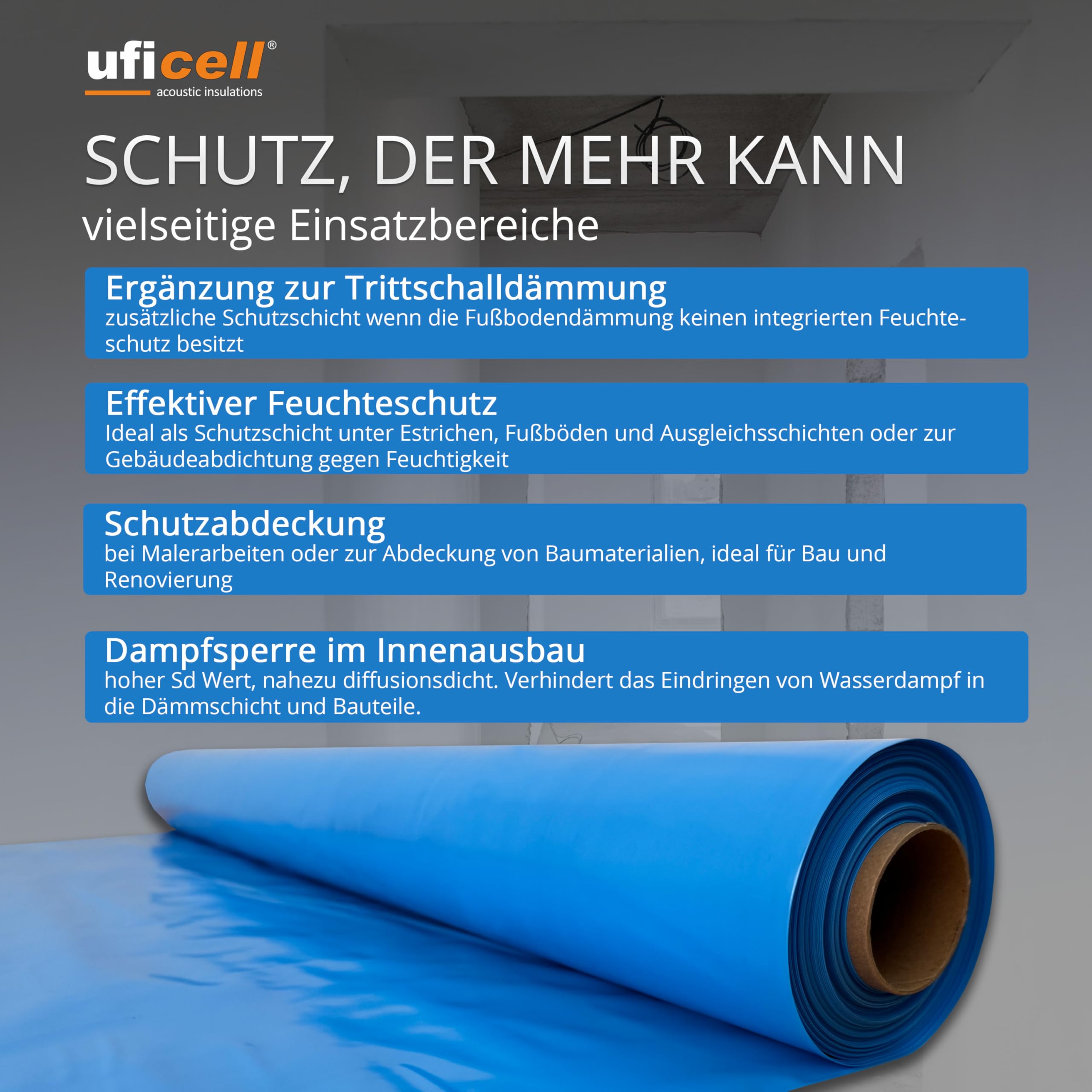 uficell Aqua-Stopp Dampfsperrfolie Blau 2 x 25 m = 50 qm Rolle Baufolie Estrichfolie PE-Folie Dampfsperre 0,13 mm Stark unter Laminat- und Parkettböden bei erhöhter Restfeuchte (50 m² - 25 x 2)