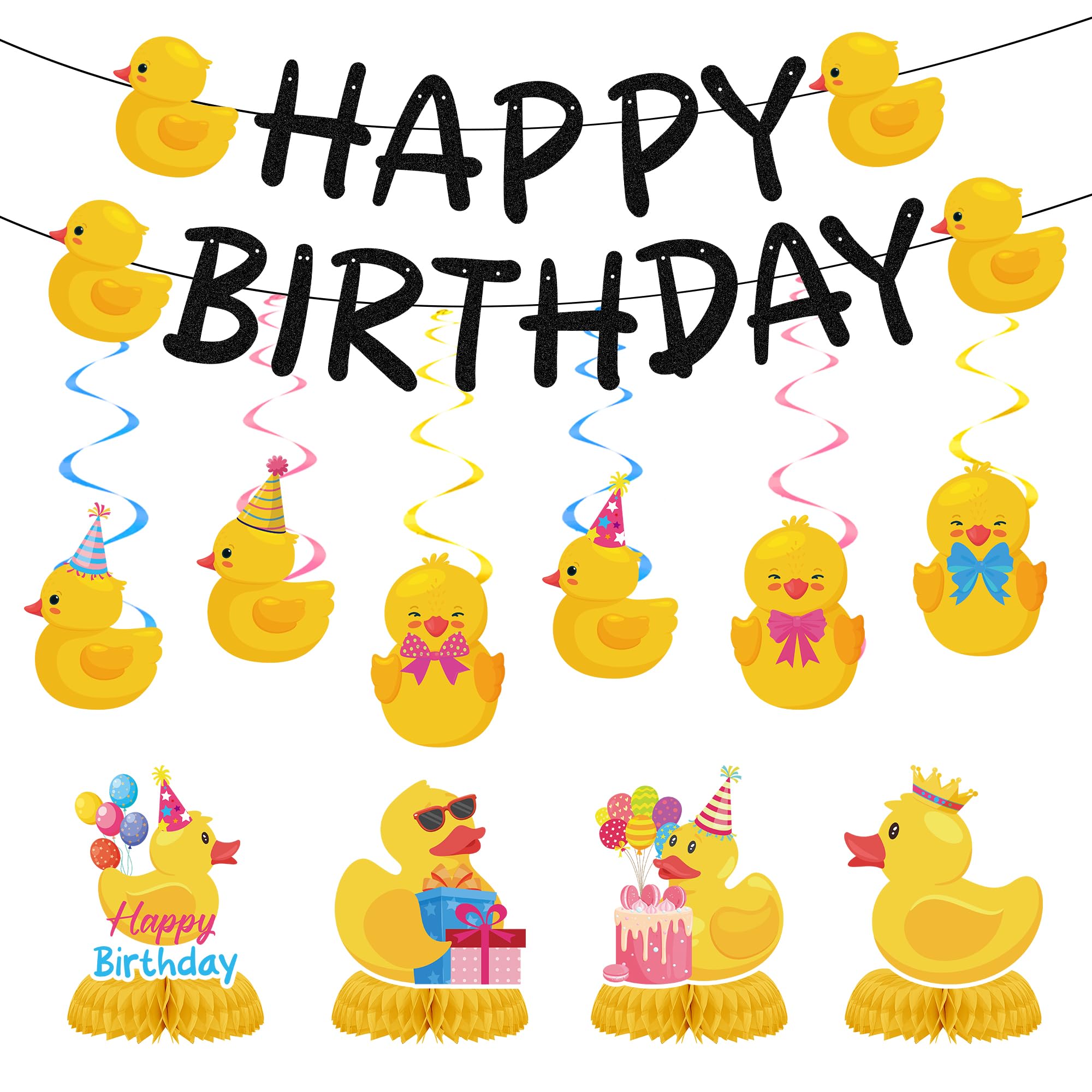 Duck Birthday Decorations Party Set - 12 Pcs Cute Huppy Birthday Banner Hanging Swirls Honeycomb Centerpieces For Boys Girls Duck Themed Baby Shower Anniverary Gender Reveal Party Props Supplies