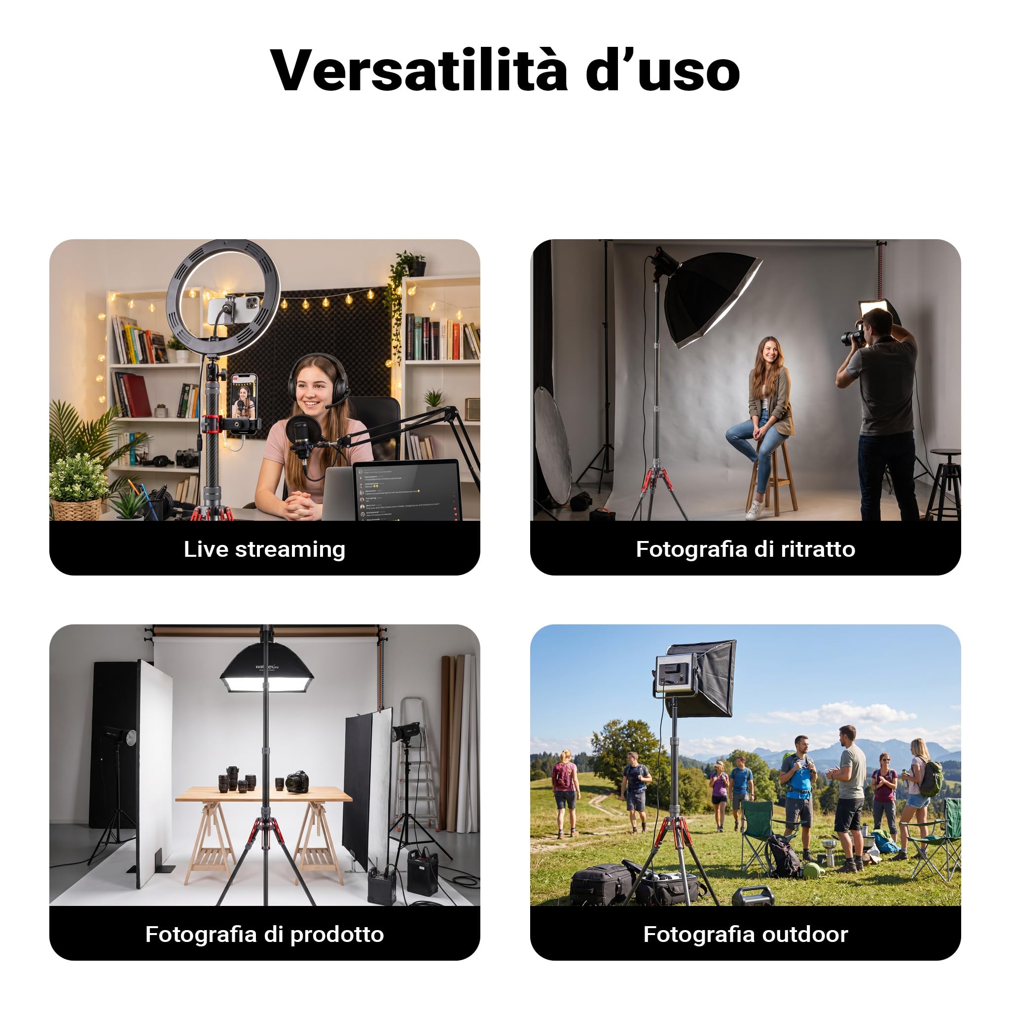 walimex pro Stativo per luci C-200 in carbonio altezza 2 m, cavalletto leggero da 600 g, treppiedi per flash con spigot da 5/8 di pollice per luci LED da studio, studi fotografici e riprese video