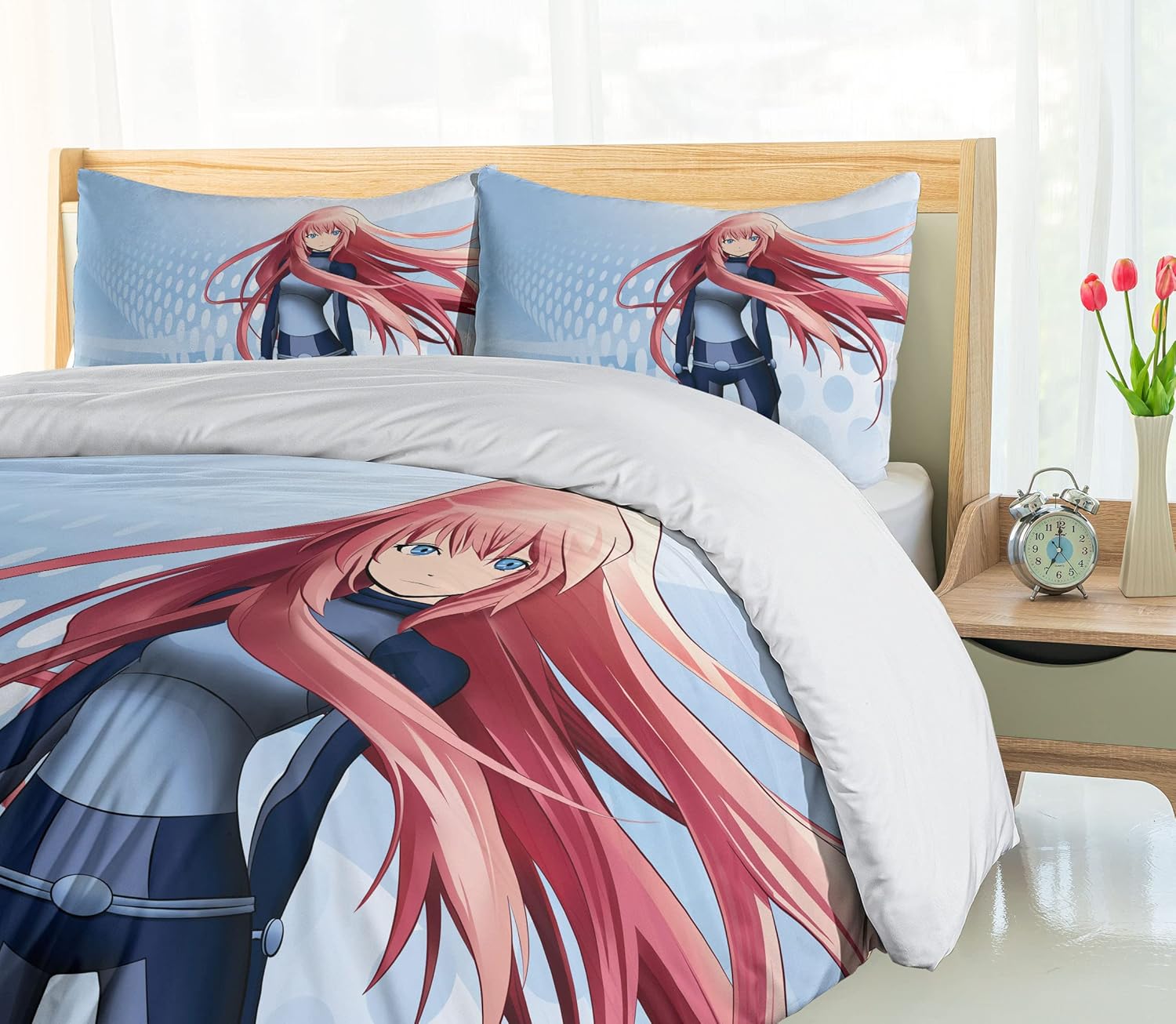 Ambesonne Anime Duvet Cover Set, Futuristic Manga Girl Science Fiction Doodle Effect Japanese Style Digital Art Print, Decorative 3 Piece Bedding Set with 2 Pillow Shams, Queen Size, Soft Blue Queen Soft Blue