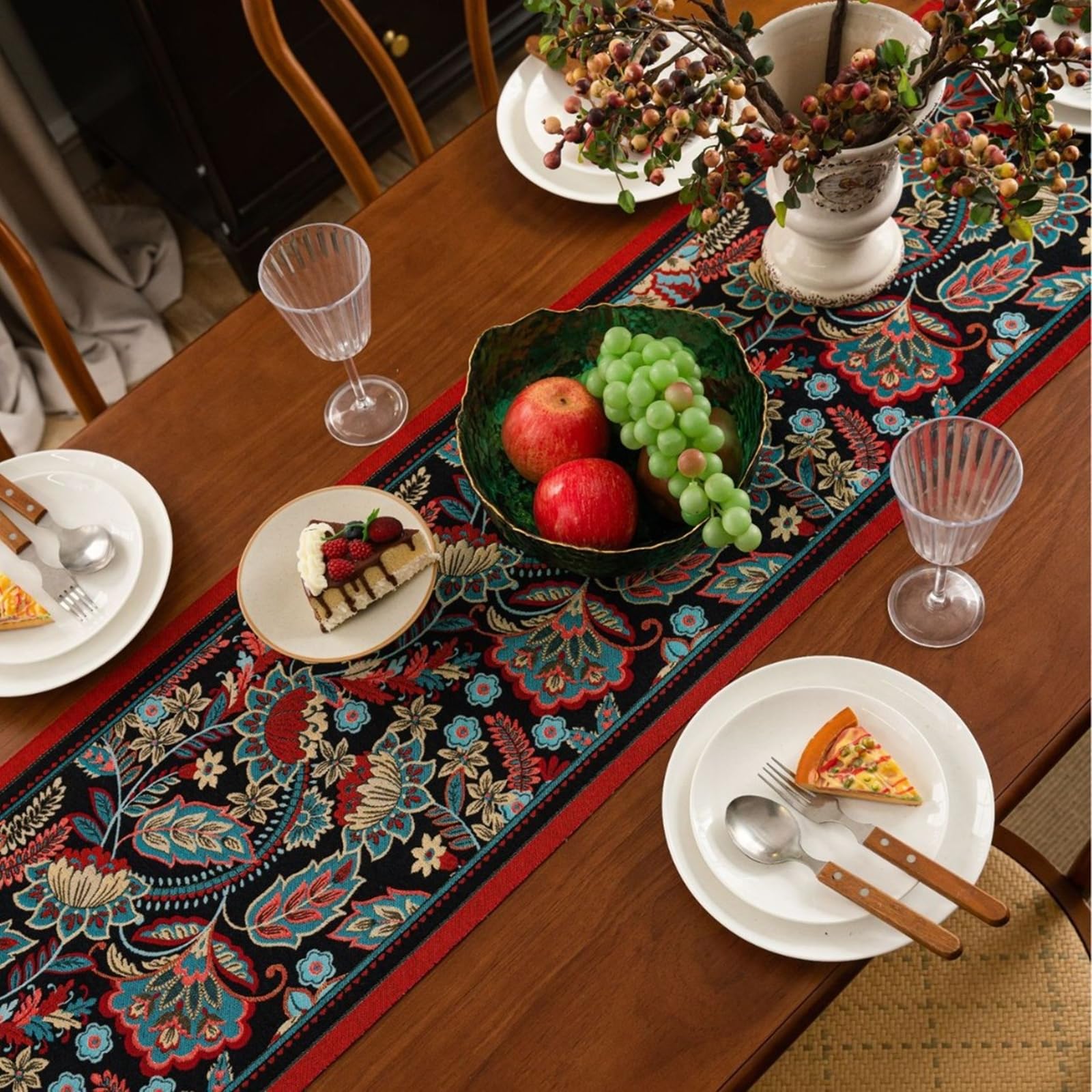 Tischläufer Landhausstil Polyester, Tischläufer Modern 35x180 cm, Blumenjacquard mit Quasten