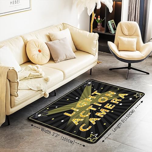 Miniatura 3 de Alfombra vintage de cine, para sala de cine, para interiores, sala de estar, alfombra de área negra dorada, 5 x 7 pies