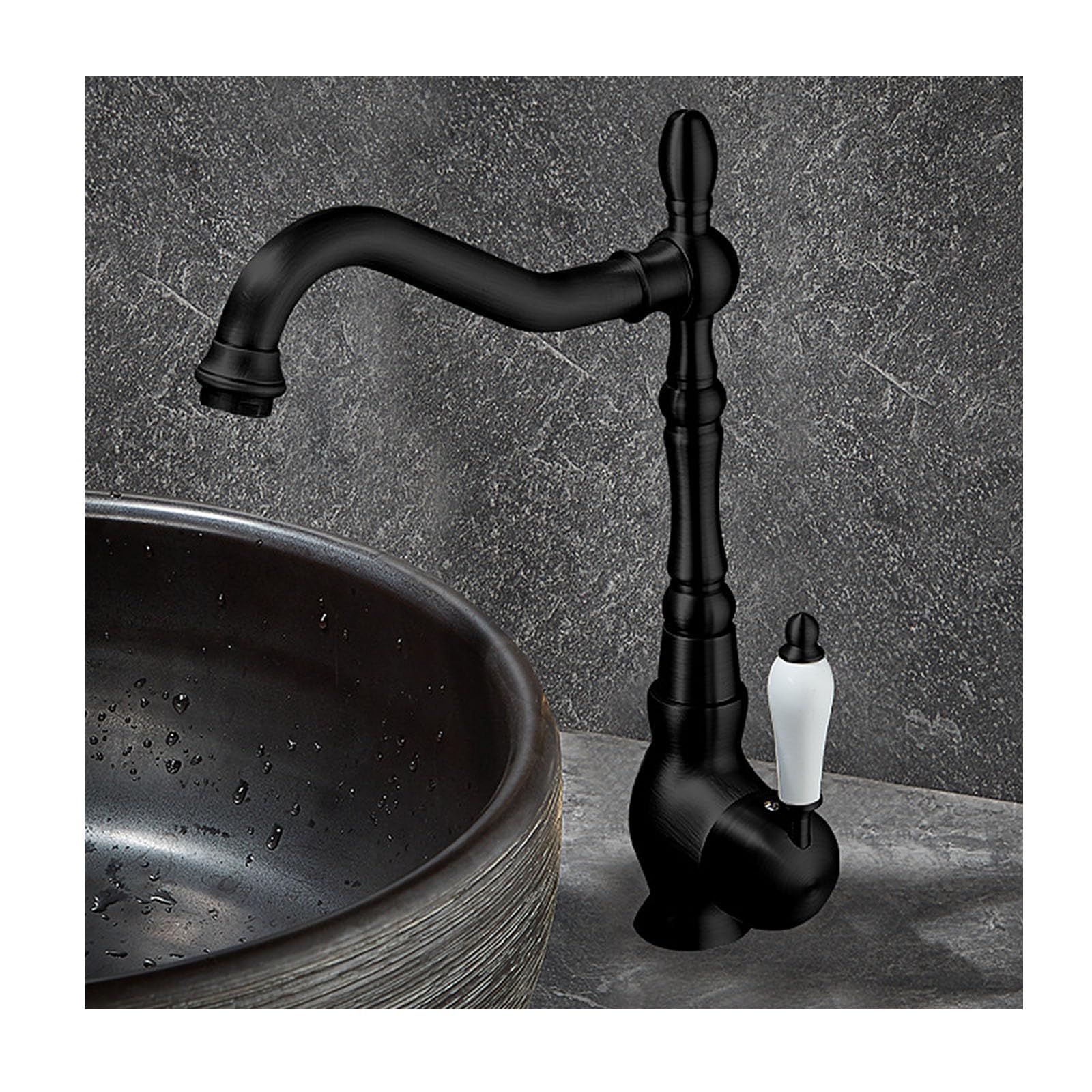 ASerZenith Vintage Single Handle Bathroom Faucet,Brass Kitchen Faucet Hot Cold Mixer Tap,Antique Vessel Sink Faucet With Ceramic Handle,Electroplating(Black Vintage)
