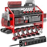 LBT Power Tool Organizer with Charging Station. Patented, Drill Storage Rack Wall Mount, Heavy Duty Steel, 6 Drill Storage Shelf, 8 Hooks,2 Screw Boxes,6 Outlets Power Strip, Red