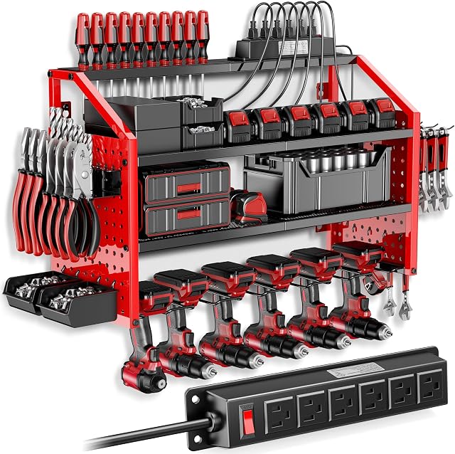 LBT Power Tool Organizer with Charging Station. Patented, Drill Storage Rack Wall Mount, Heavy Duty Steel, 6 Drill Storage Shelf, 8 Hooks,2 Screw Boxes,6 Outlets Power Strip, Red