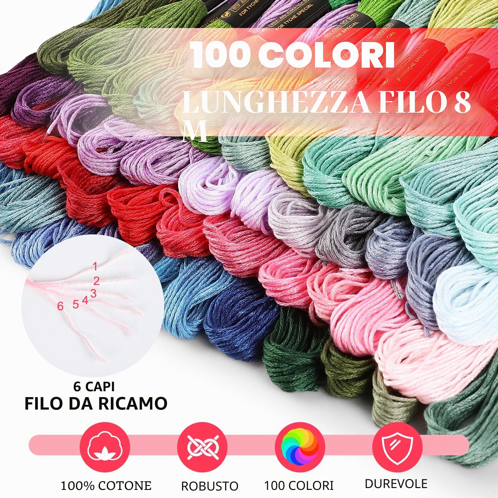 Romon Filo da Ricamo, Kit da Ricamare Braccialetti Kit Punto Croce con 5 Cerchi In Bambù, 100 Fili Colorati, 3 Pezzi di Tela Aida e Strumenti per il Cucito