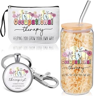 Kacctyen 3 Pcs Occupational Therapy Gift for Women Occupational Therapist Makeup Bag with Keychain 17 oz Inspirational Glass Cups with Lids and Straws Therapy Gifts for Therapists OT Women