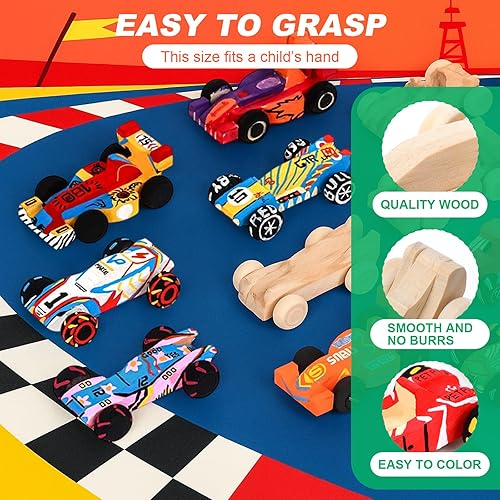 Miniatura 9 de Lenwen 48 piezas de juguetes de madera para fiestas, autos de madera sin terminar, camión de juguete de madera, camión de grafiti de madera y