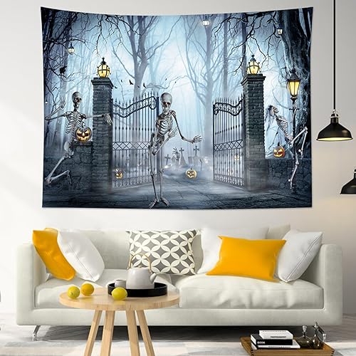 Miniatura 2 de HVEST Colgante de pared de Halloween, esqueleto de terror, cementerio de calabaza, bosque muerto brumoso, tapiz de noche de puerta espeluznante