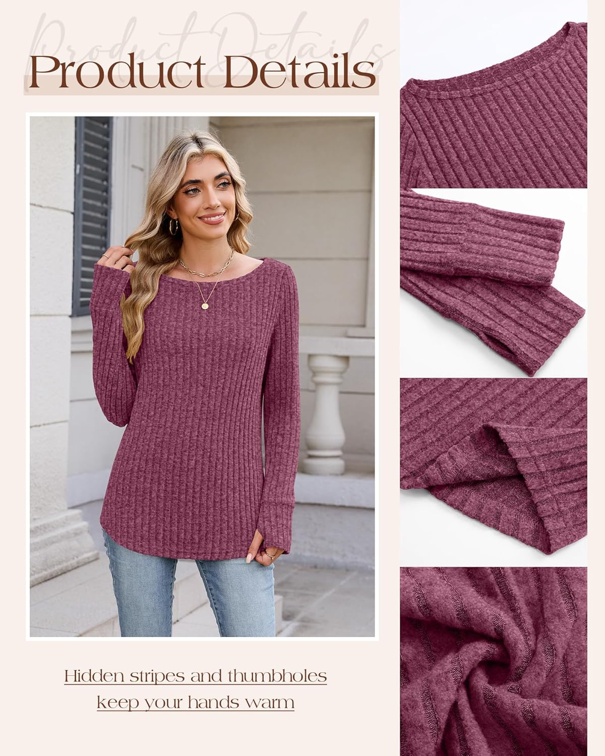 3 Pack Womens Long Sleeve Sweatshirt Boat Neck Loose Fit Tunic Sweater Lightweight Curved Hem with Thumb Hole Top - Image 5