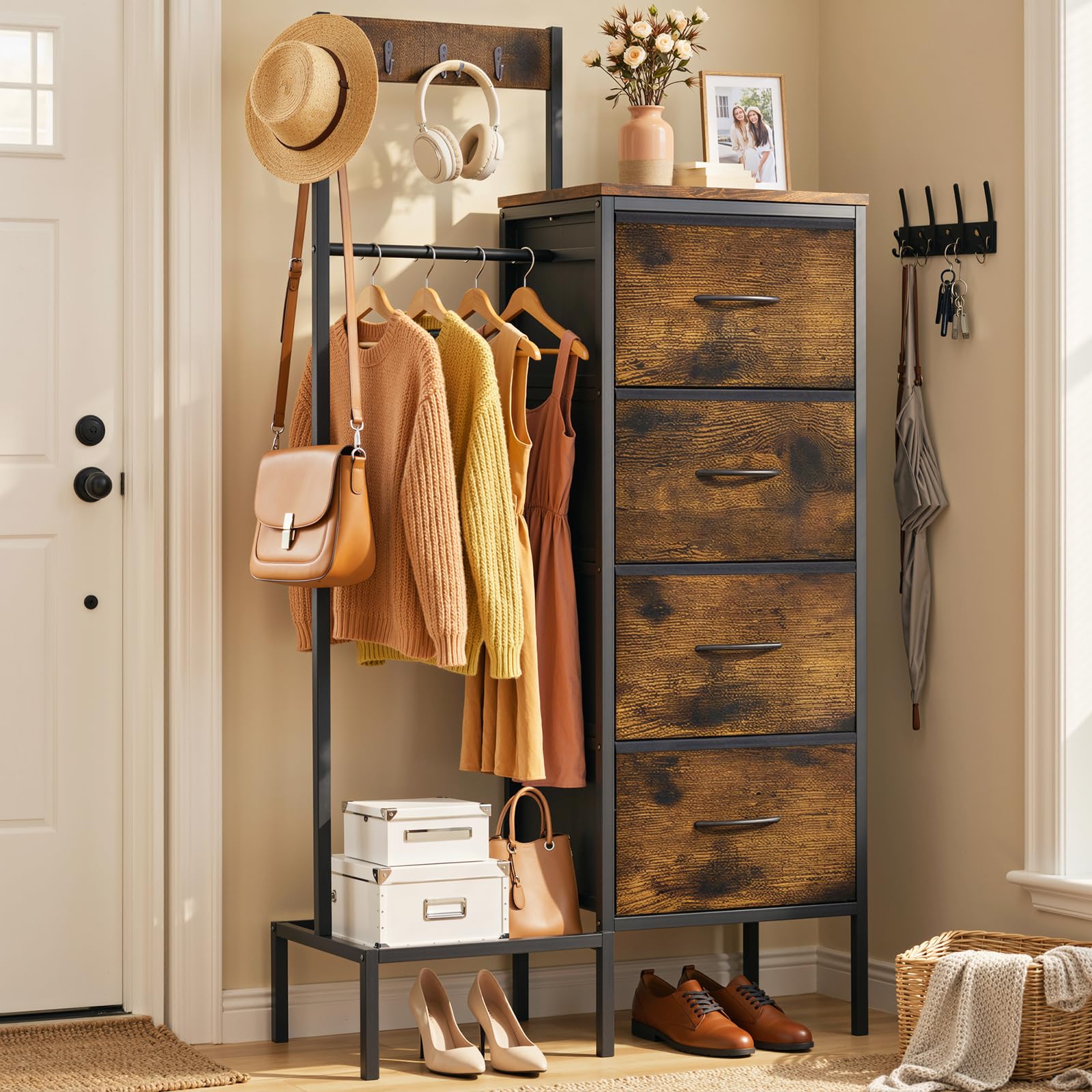 Lewondr Dresser with Hanging Rack and Storage Drawers 4 Drawer Chest with Hooks and Hat Rack Rustic Entryway