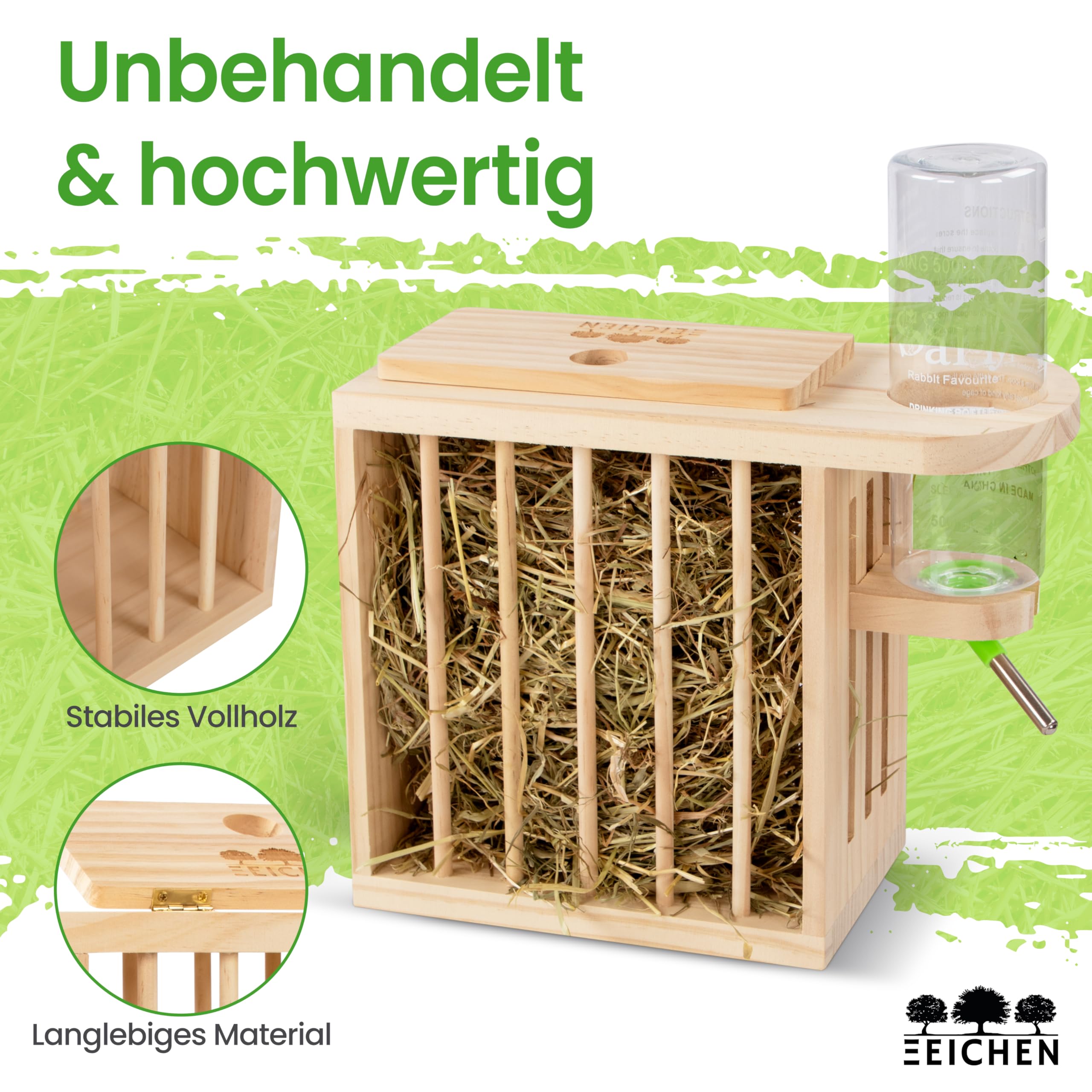 Heuraufe inkl. höhenverstellbarer Trinkflasche. Naturholz. Meerschweinchen Heuraufe, Kaninchen, Hasen, Hamster Trinkflasche. Perfekt für Kaninchenstall. Hasen Zubehör Kaninchen Zubehör | Drei Eichen