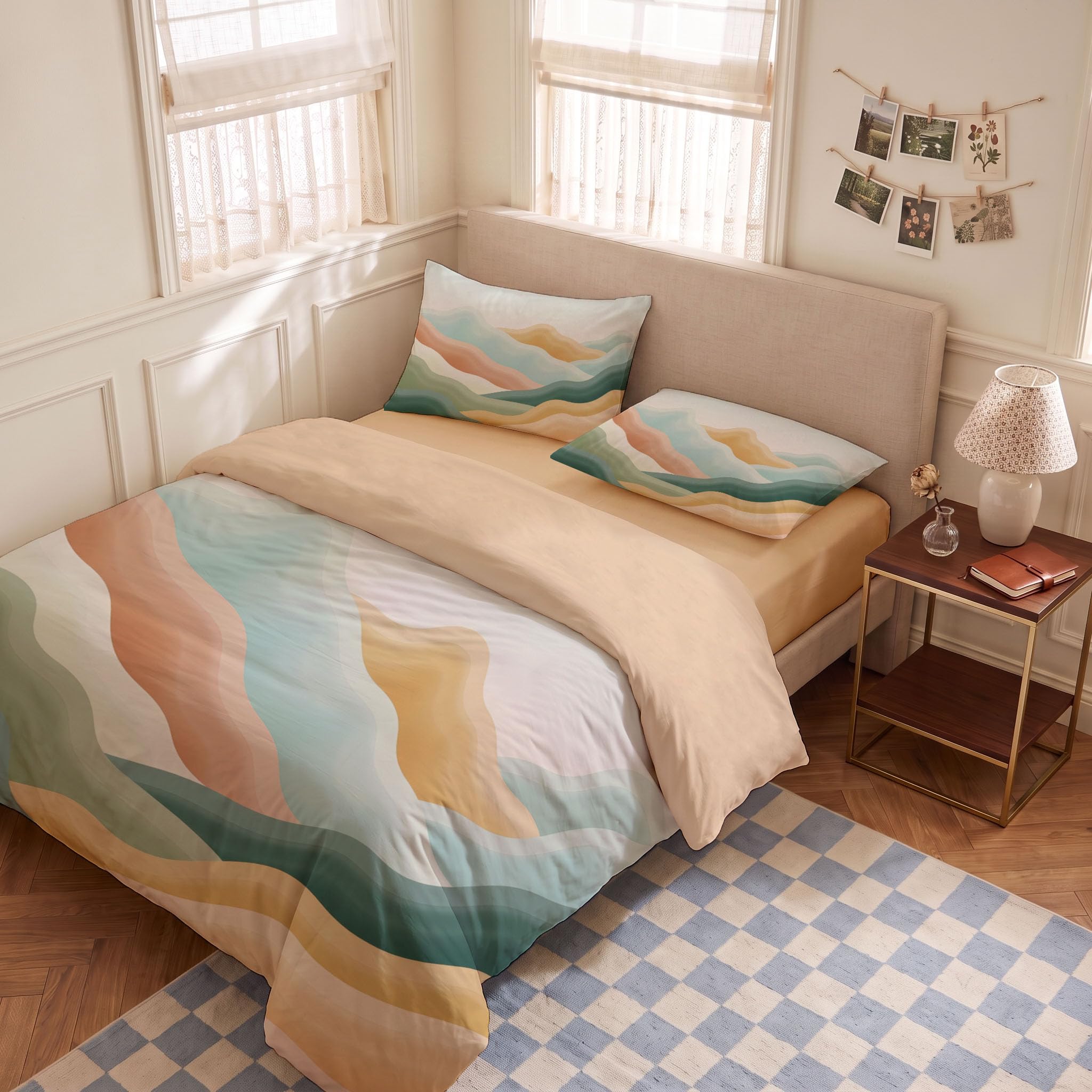 Bettwäsche 155x220cm 3 teilig Minimalismus Abstrakt Grün-Orange | Bettbezug Set mit Geschichtetes Gebirge Muster, Bettwäsche-Sets 155x220cm aus Mikrofaser, Weich und Bügelfrei