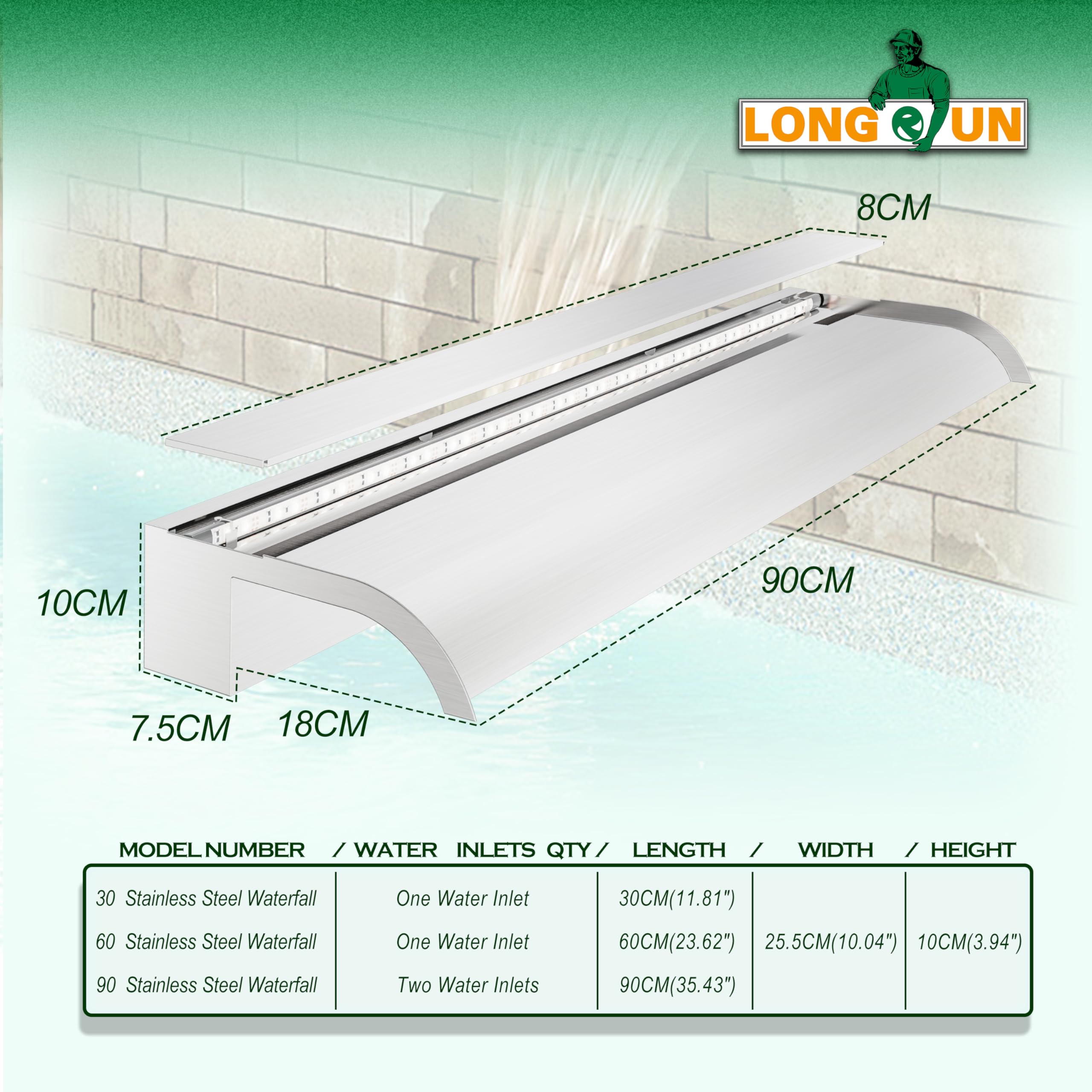 LONGRUN Kit di lame per laghetto da 90 cm, in acciaio inossidabile 304, curva, con funzione Spillway, fontana per piscina all'aperto con luci LED Bluetooth a 7 colori e telecomando, larghezza 25,5 cm