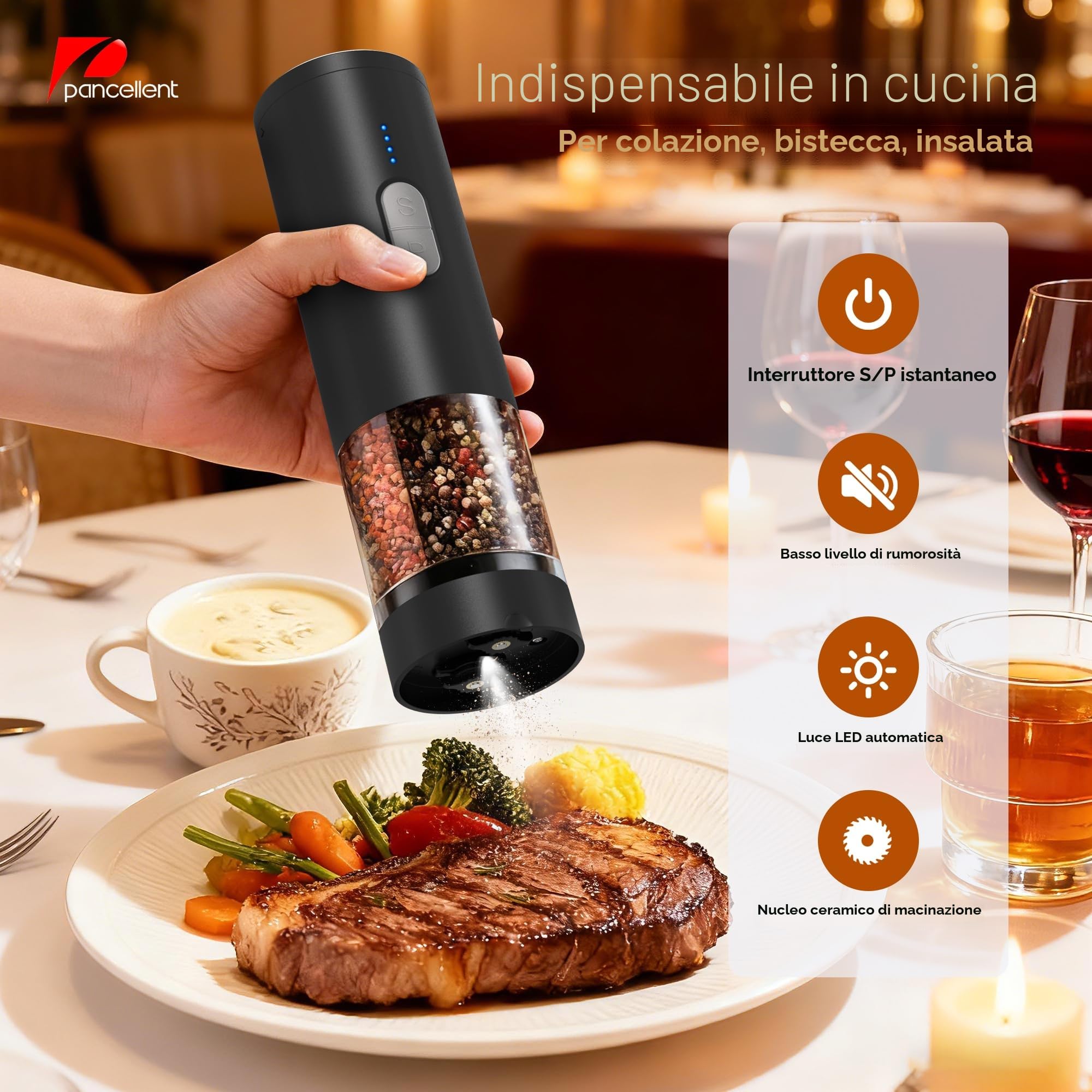 Set macina sale e pepe elettrico 2 in 1 (ricaricabile tramite USB), macina sale e pepe automatico con illuminazione a LED, funzionamento con una sola mano, grana regolabile, perfetto per cucina