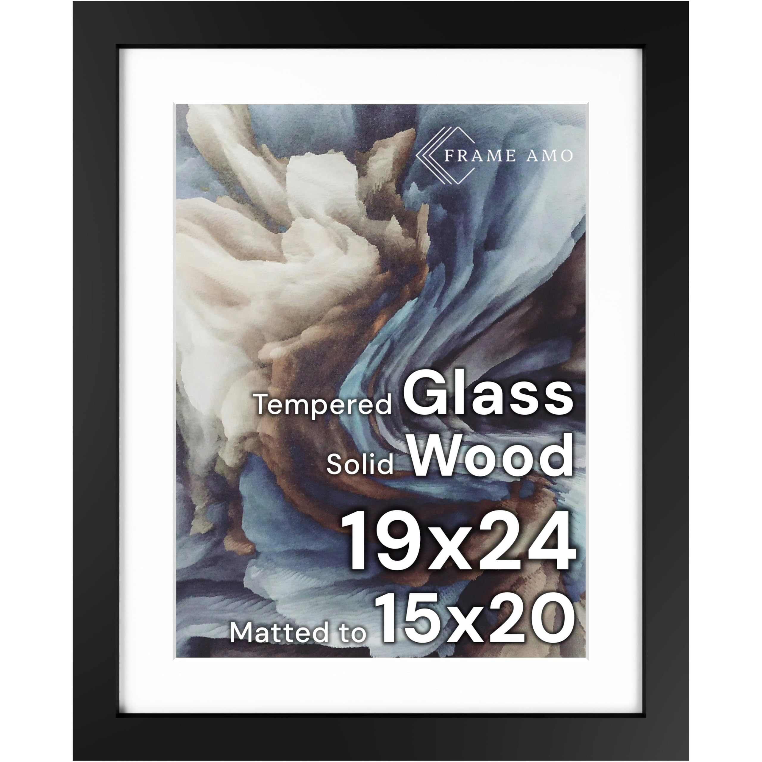 Frame Amo 19x24 Black Solid Wood Poster Frame, White Mat for 15x20 Image, Tempered Glass Front, 1.5 inch Wide, 1 inch Thick, High-End, Heavy-Duty, Gallery Grade & Acid-Free