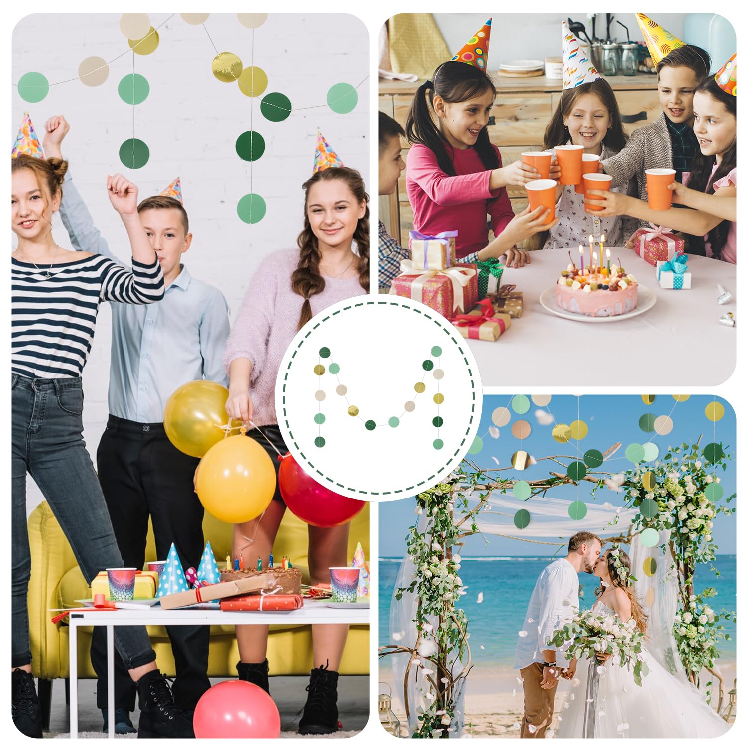 YAWYO Pack of 3 Reflective Paper Garland, Hanging Circle Dots Streamer, Green Gold Round Garland for Birthdays Carnival - Image 4