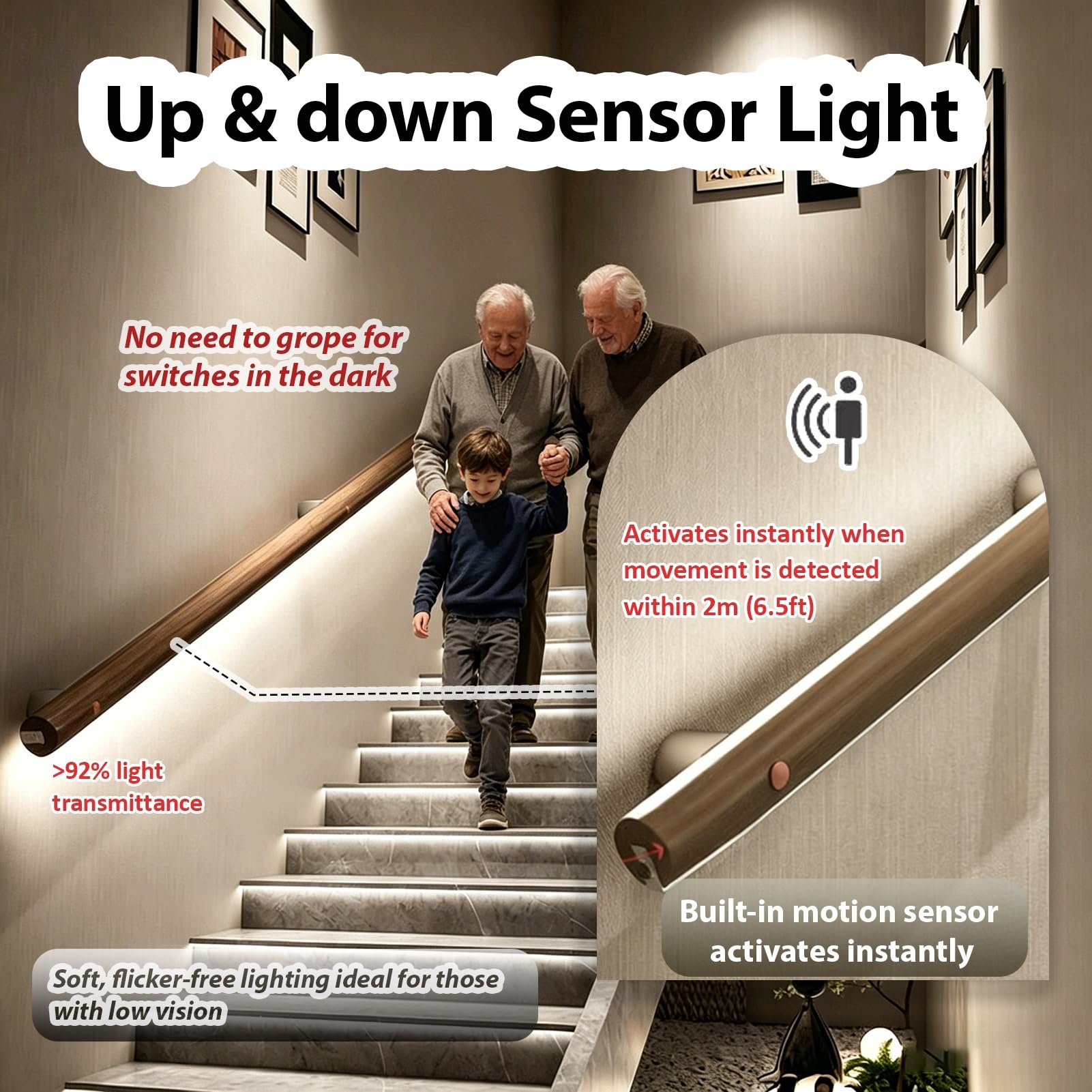 Drewniana balustrada LED aktywowana silnikiem IR, bezpieczna poręcz 24 V o niskim napięciu do domu i hotelu, 118in / 300 cm - antypoślizgowa, bezpieczna, podświetlana ase Solut