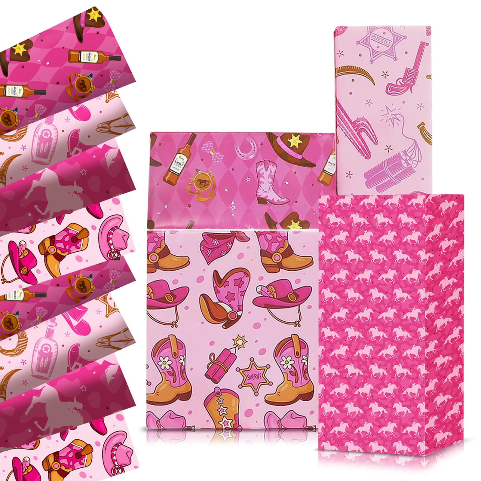 Western Cowgirl Wrapping Paper Sheets 68x50cm,12 Sheet Cowgirl Boots Horseshoe Bull Cactus Gift Wrapping Paper,Recyclable Hot Pink Wrapper for Girls Women Birthday Party Gift Wrap Boxes Decorations
