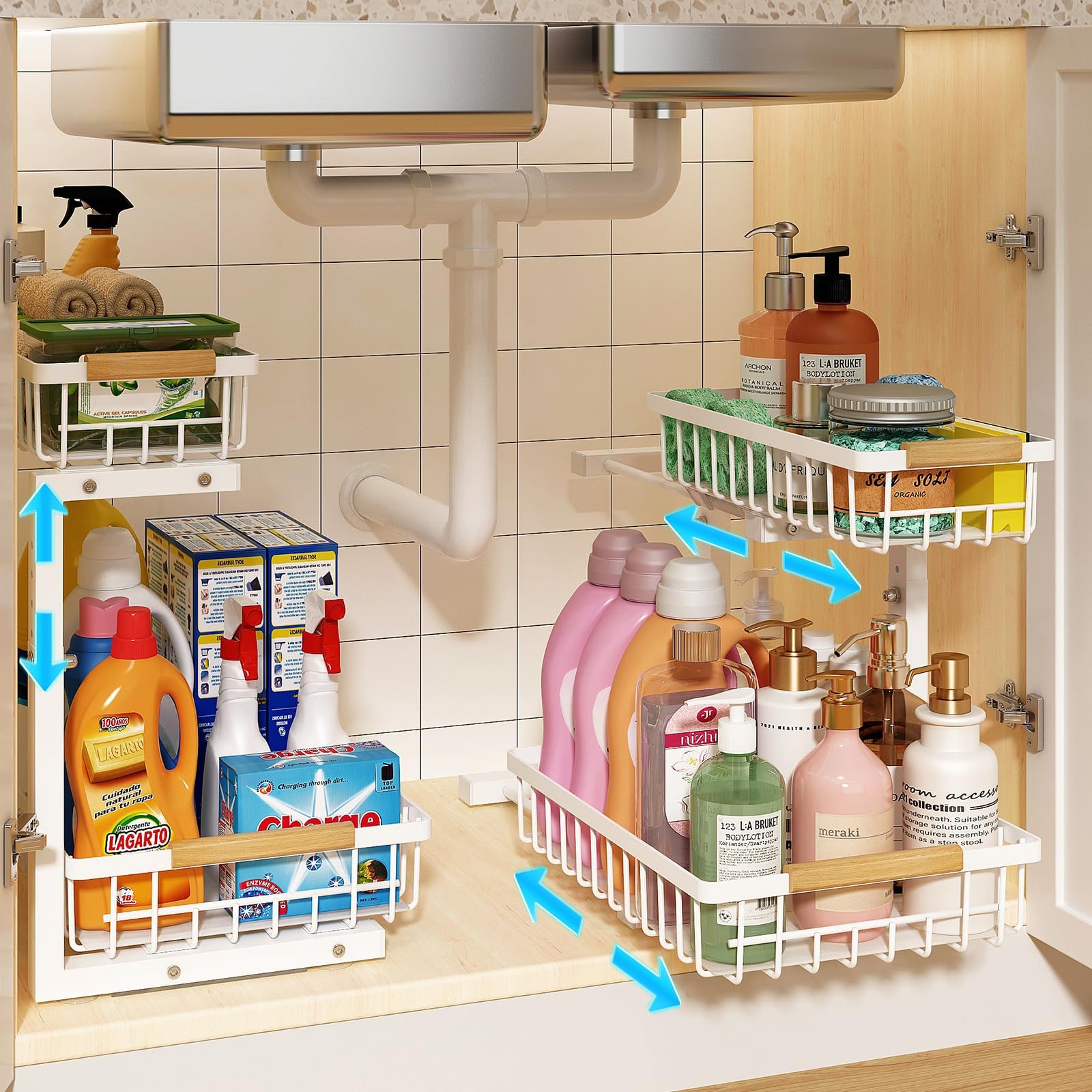REALINNUnder Sink Organizer, Height Adjustable Under Sink Organizers and Storage, 2 Tier Pull Out Drawer Cabinet Organizer for Kitchen Bathroom, 2 Pack, White