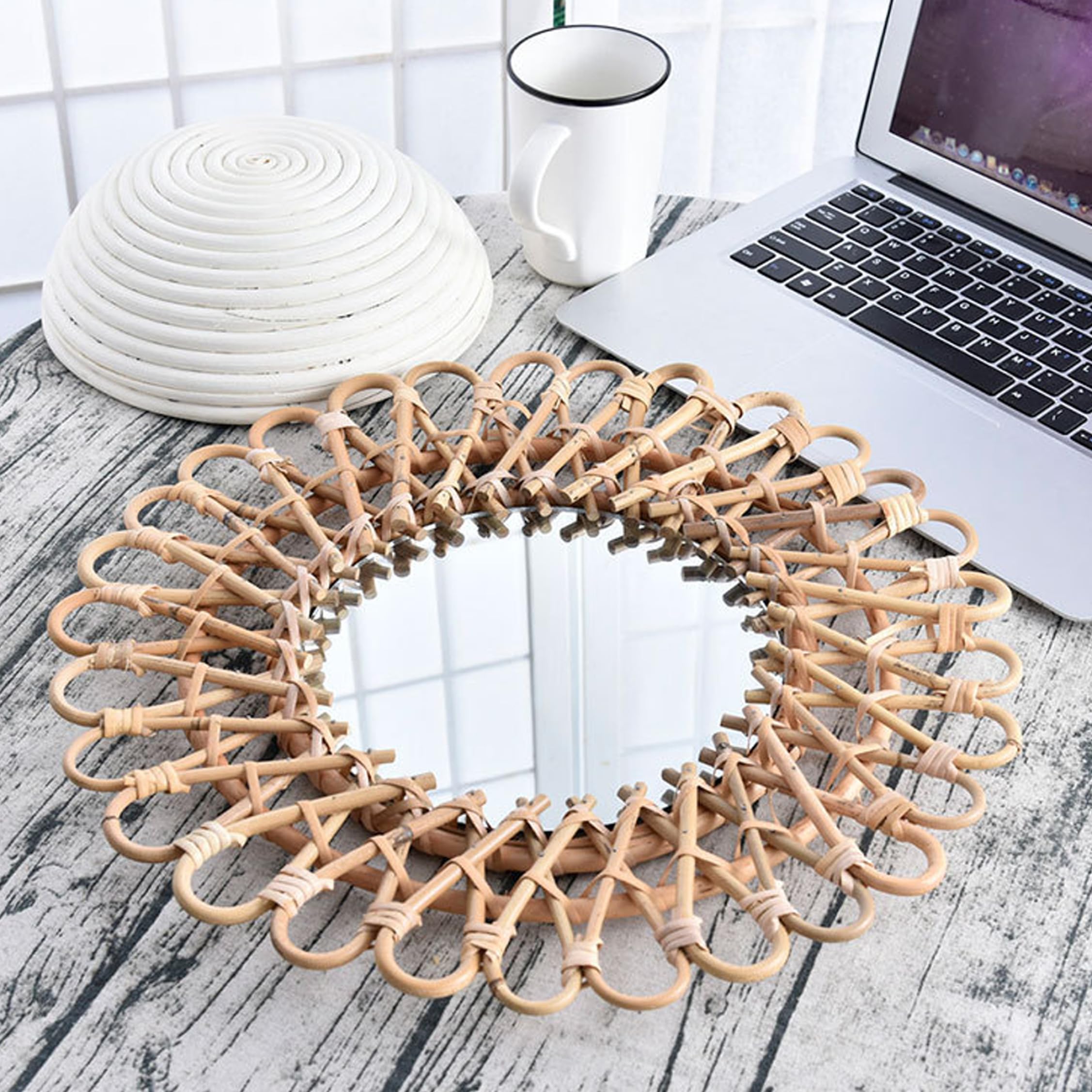 Espejo de ratán tejido a mano, decoración de habitación boho caqui