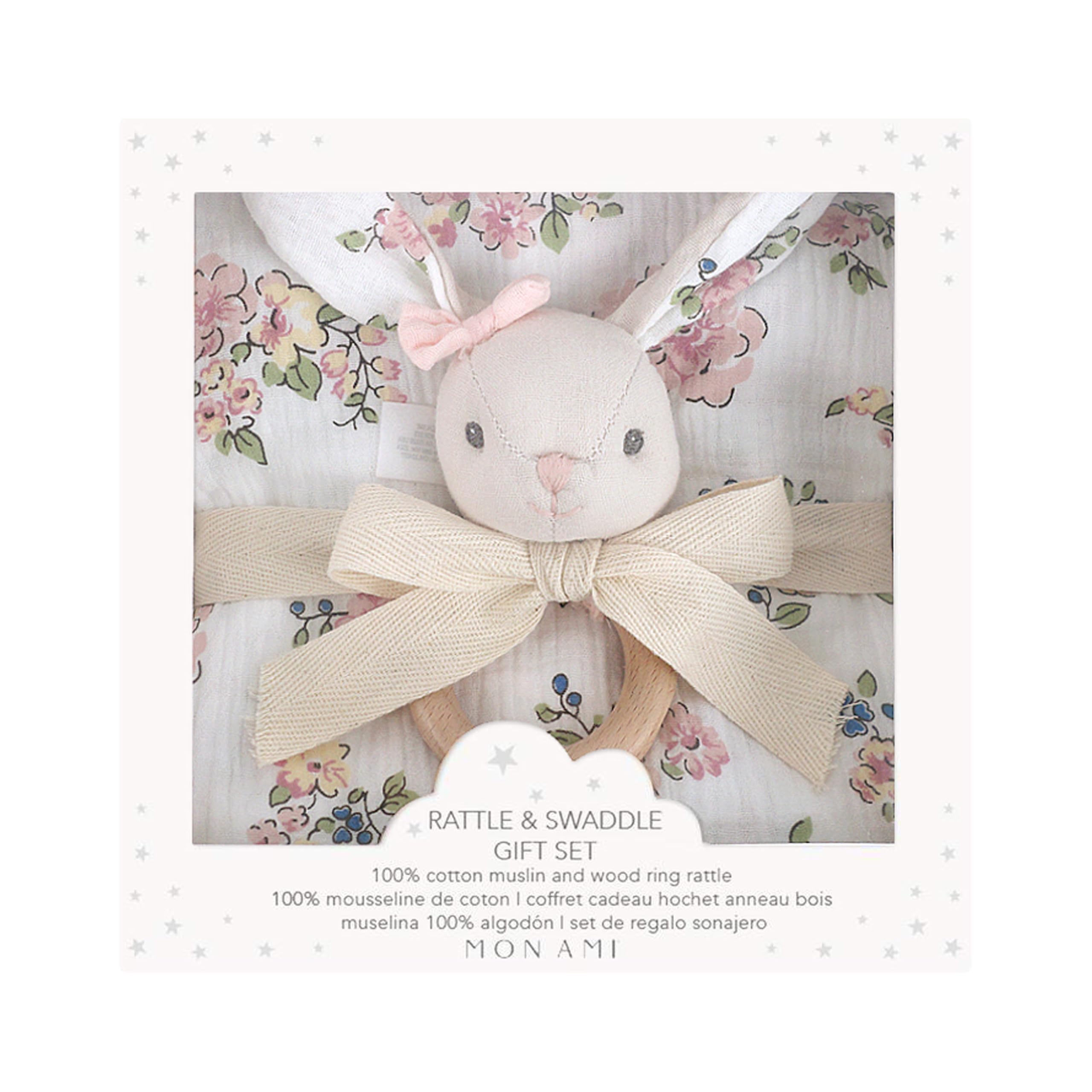 Mon Ami Multicolor French Floral Bunny-Swaddles & Rattle Gift Set – Soft 47" Cotton Muslin Blanket For Newborns, Tummy Time, Sunshield, Nursing Cover & Privacy Throw With 6" Plush Rattle