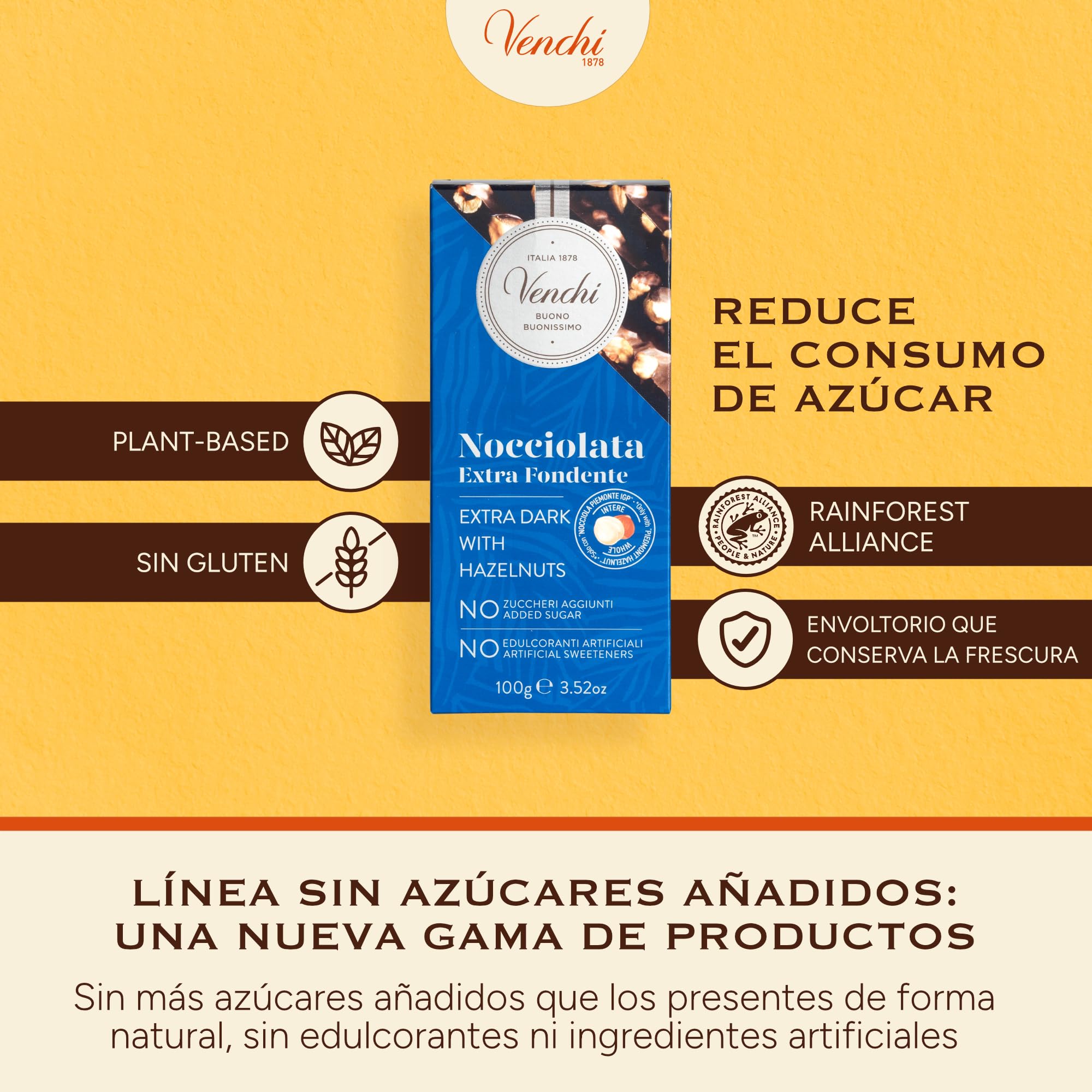 Venchi - Kit de 6 tabletas de chocolate con avellanas extra fondant, 600 g - SIN Azúcares Añadidos - SIN Edulcorantes Artificiales - Sin Gluten - Vegano - Idea de regalo
