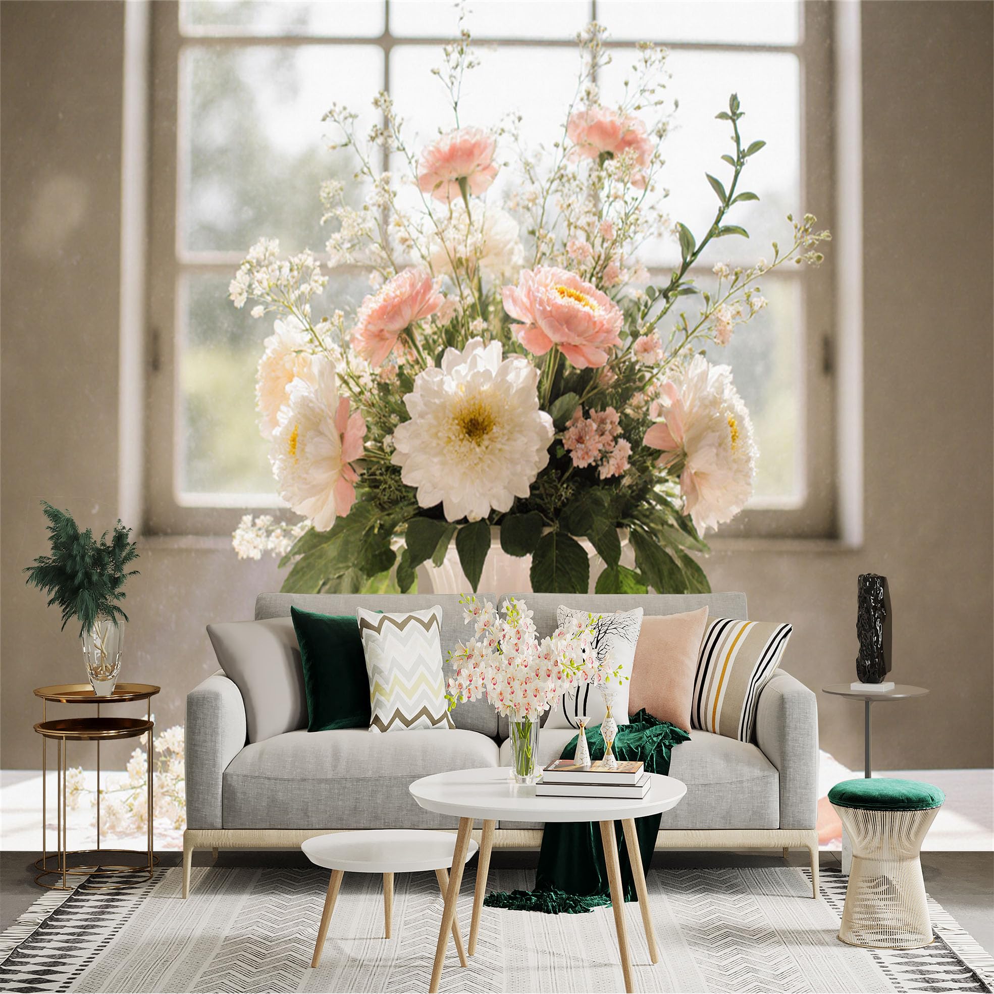 Custom Size Wall Sticker Mural， Elegant Pink and White Floral Arrangement， Soft Petals in Classic Vase， Sunlight Through Window， for wall Decoration， peelandstick wall Decals.