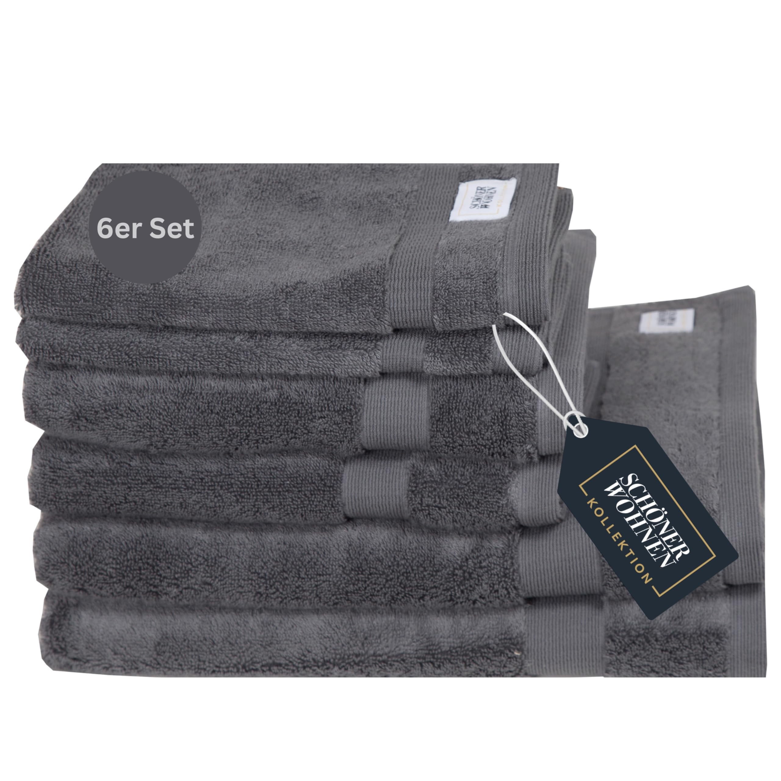 SCHÖNER WOHNEN Frottee Handtücher Set Anthrazit 6teilig - 100% Baumwolle - Handtuch Set flauschig weich - saugstark - besteht aus 2 Duschtuch + 2 Handtücher + 2 Gästetücher - Frottier Öko-Tex