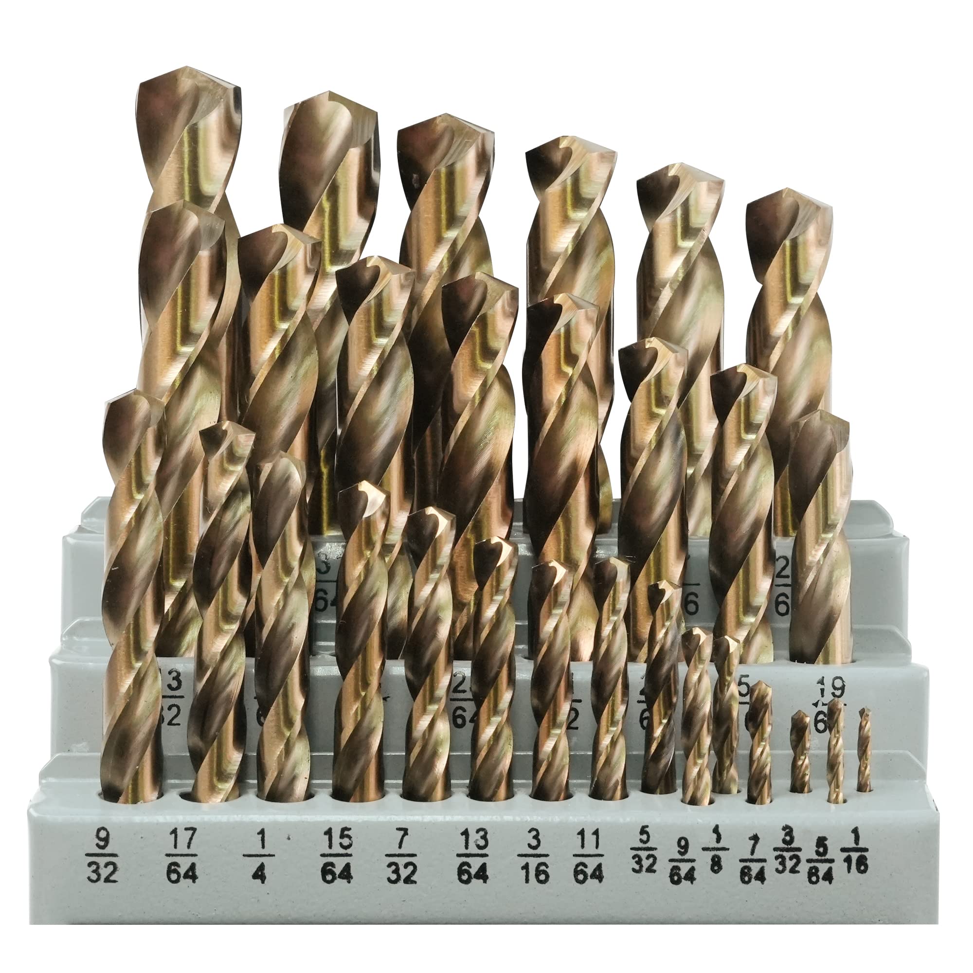 GMTOOLS Juego de 29 brocas de cobalto, acero de alta velocidad M35, punta de 135 grados, kit de brocas de longitud de trabajo para metal endurecido, hierro fundido, acero inoxidable, plástico y