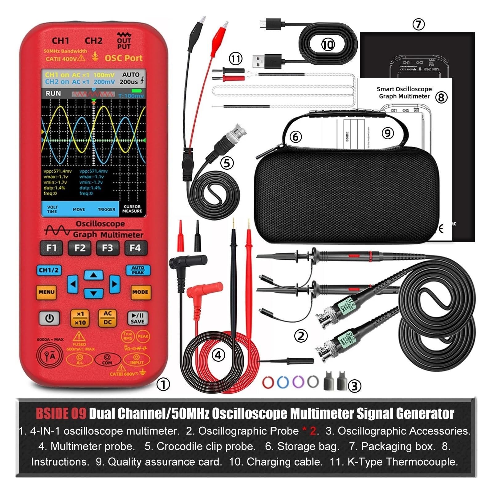 Osciloscopios, Osciloscopio digital 4 en 1, multímetro profesional de 2 canales 50 MHz(O9 Kits(Optional))