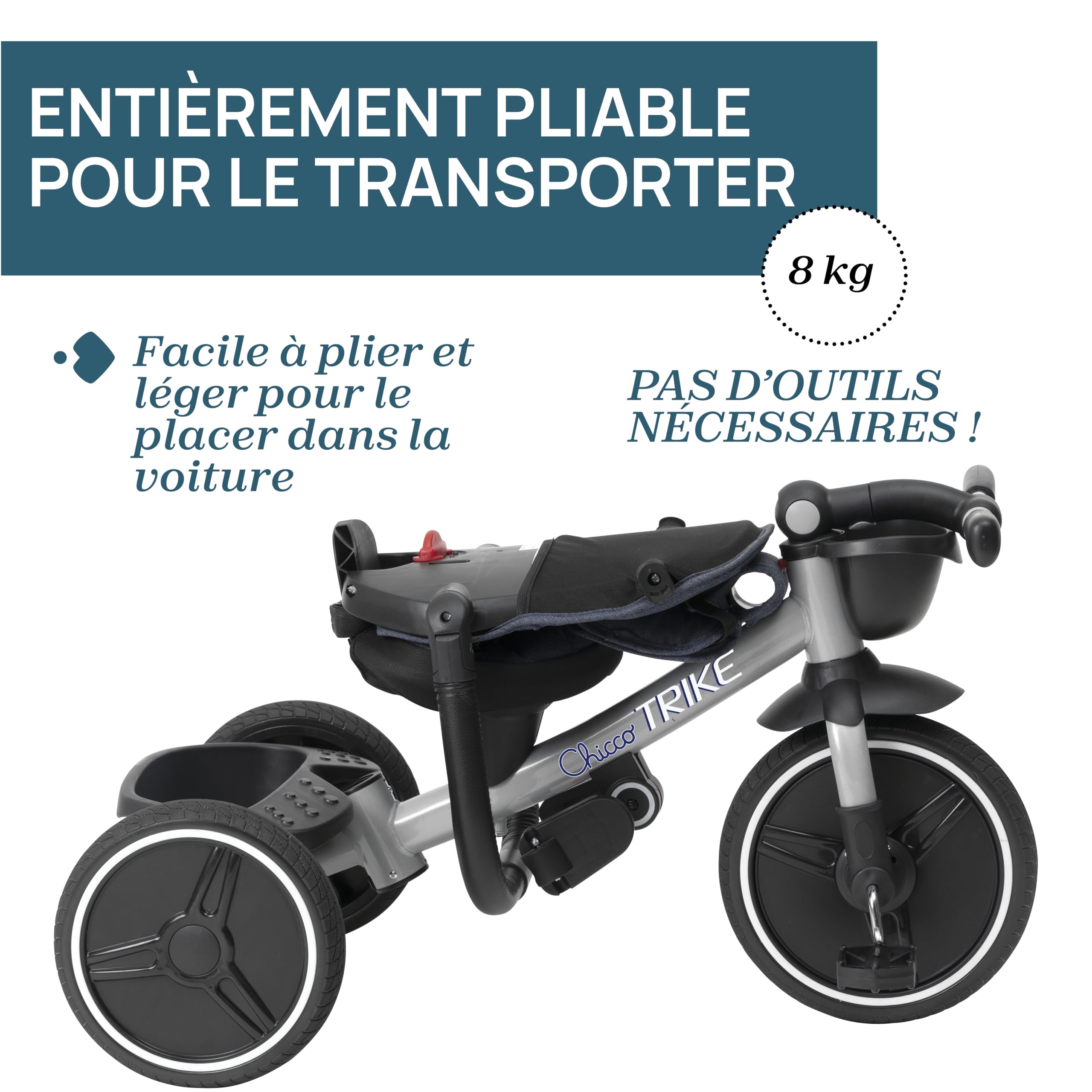 Chicco Tricycle Evolutif pour enfants 4en1, Cadre en métal, Roues en caoutchouc EVA, Harnais 4 points, Poignée télescopique et capote amovible, Poussette avec siège réversible, Paniers, 6 mois-5 ans