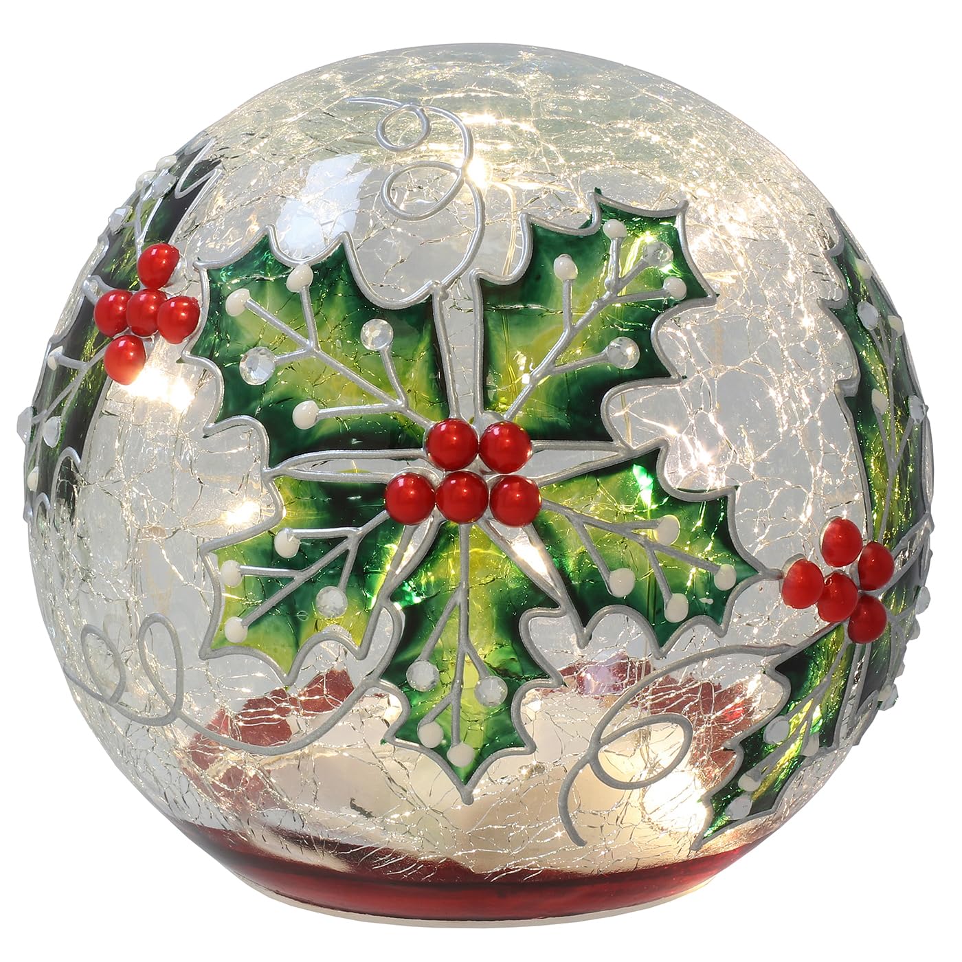 Shudehill Giftware Xmas Crackle Glass LED Lights Holly, Robins & Christmas Tree Designs Battery Operated Festive Decorations (Holly Height 17x Width 17x Depth 17cm)