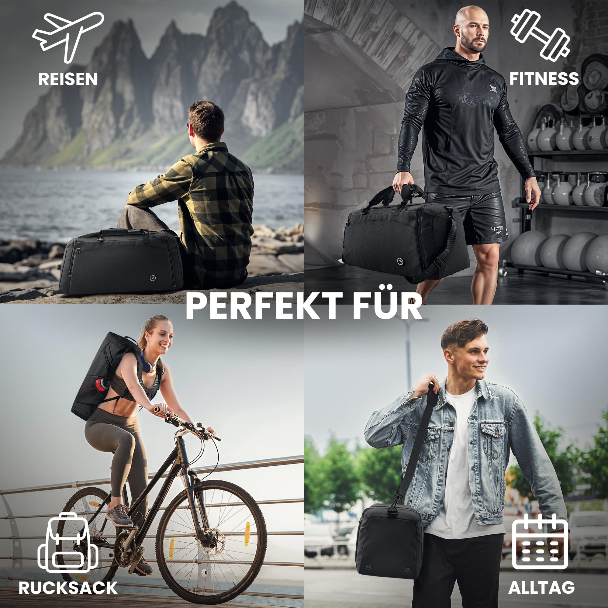 Sporttasche Herren Damen mit Schuhfach Nassfach 40/60L Rucksack-Funktion Reisetasche Fitness Gym