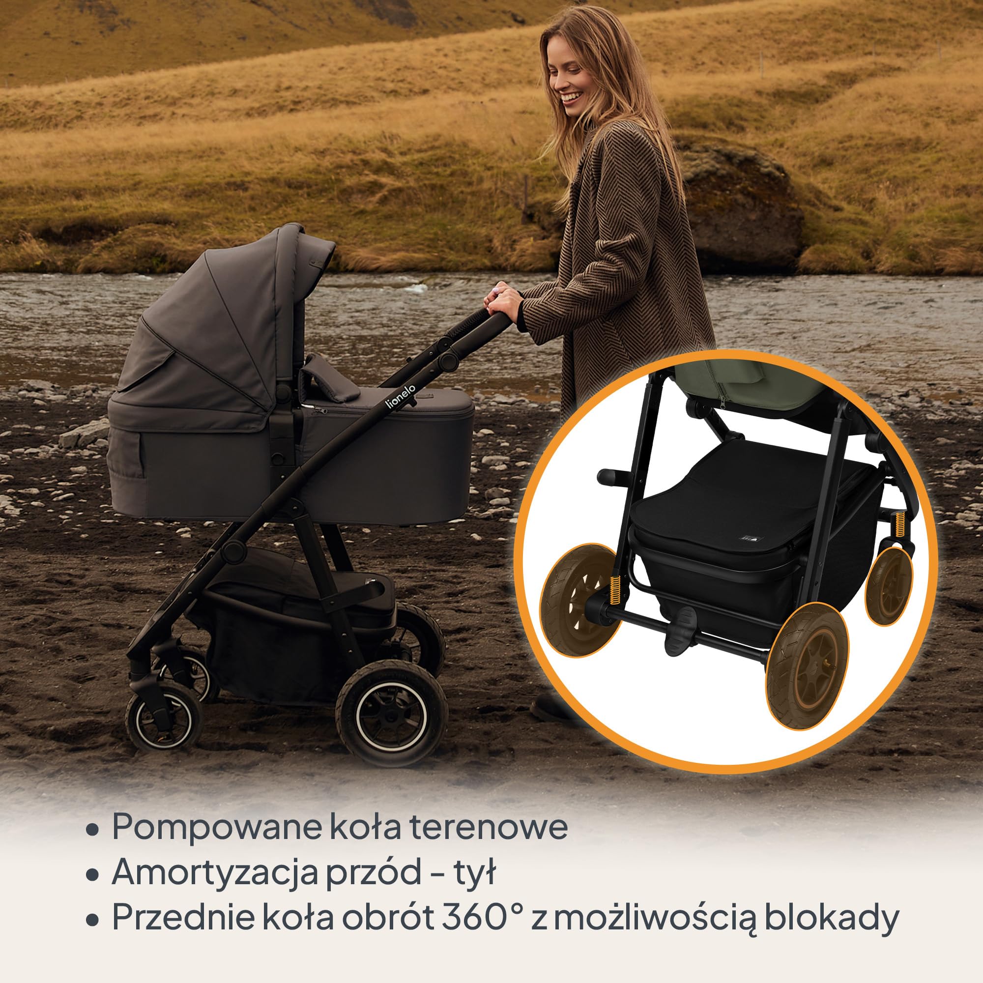 LIONELO AMBER PLUS 2 w 1 Spacerowy Wózek Dziecięcy od 0 do 4 lat do 22kg z Gondolą XL, Regulacja Oparcia, 5 Punktowe Pasy Duże Terenowe Koła 360o Budka XXL Amortyzacja Spacerówka (Zielony)