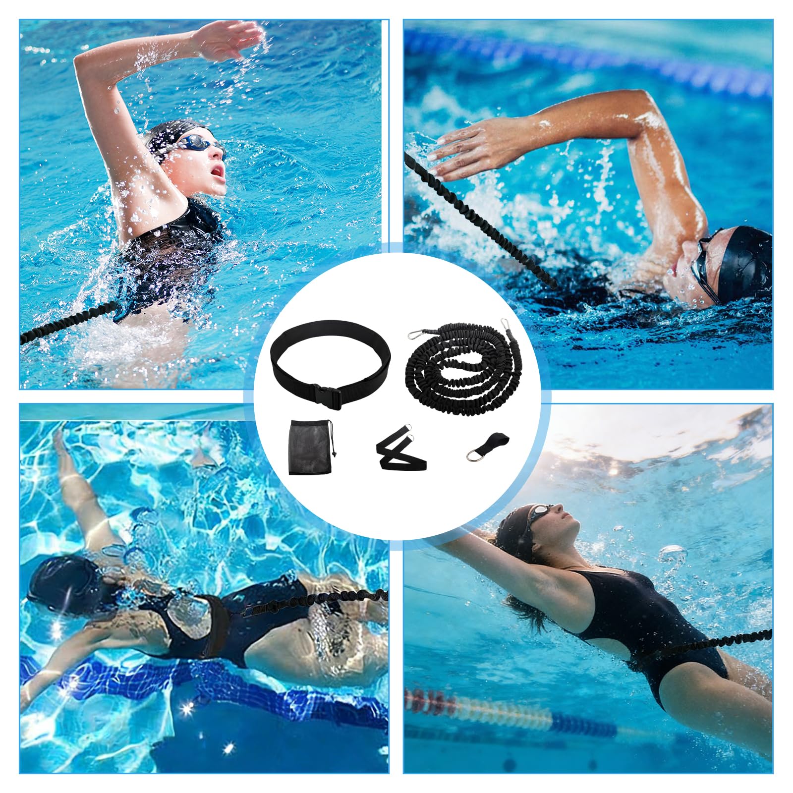 Schwimmhilfe Erwachsene Set, Schwimmgürtel, 2.5-8M Einstellbare Schwimmwiderstand Gürtel, Schwimmgürtel kinder Schwimmgurt mit elastischen Gummibändere, für Anfänger und Profis und das Schwimmtraining