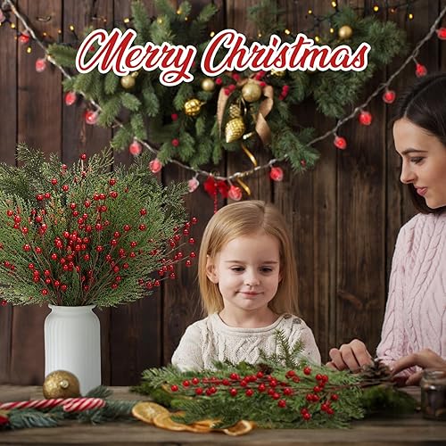 Miniatura 6 de Tigeen Juego de 30 púas de pino de bayas de Navidad, 3 estilos de 13.5 pulgadas, 13.7 pulgadas, 16 pulgadas, agujas artificiales de ramas de pino