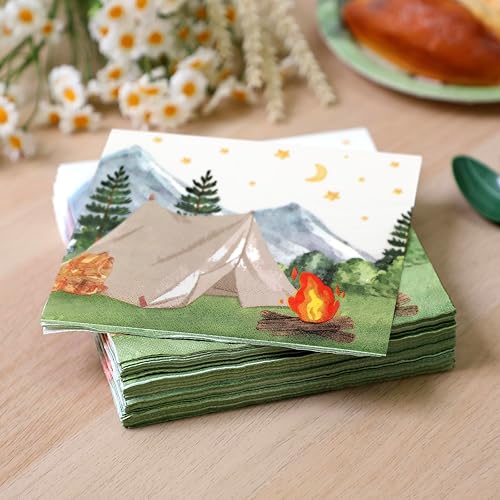 Miniatura 6 de Nefelibata Servilletas de papel para campamento con decoración de cumpleaños, servilletas de papel con acuarela, tienda de campaña de acuarela,