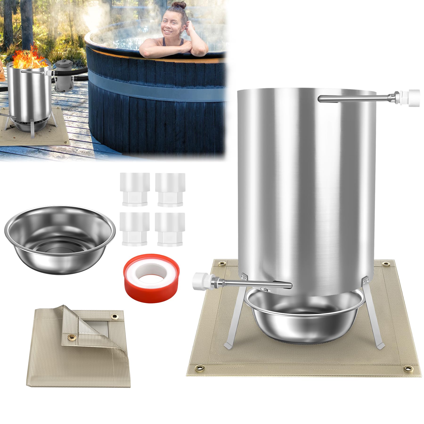 Caldaia per piscina in acciaio inox con spirale riscaldante per piscine, forno a legna con attacco Ø 32/38 mm per riscaldamento rapido, ideale per ambienti esterni e riscaldamento piscina
