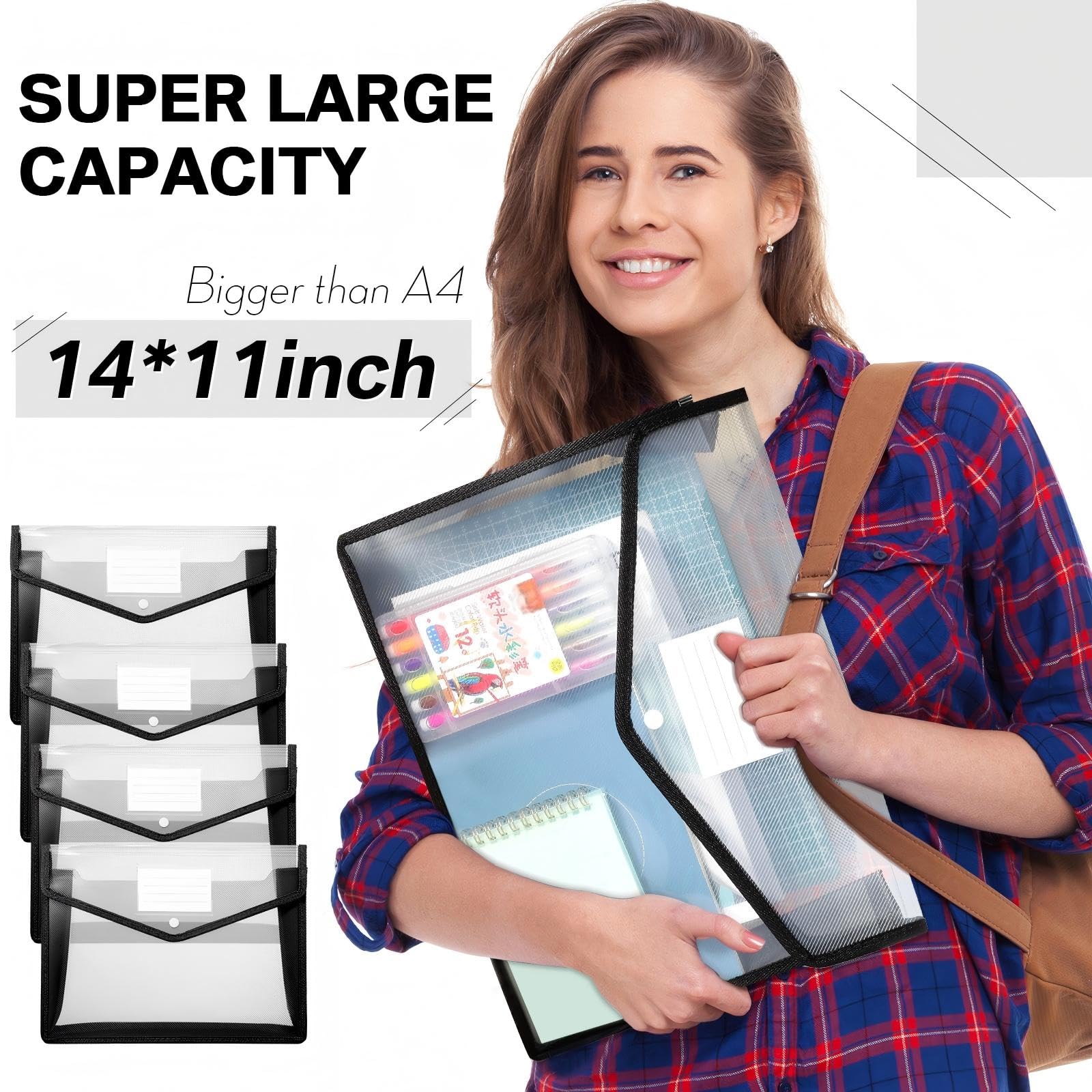 10 cartelle portadocumenti in plastica B4 espandibili per documenti, con chiusura a scatto e tasca, impermeabile, trasparente, per scuola, ufficio, casa, colore: nero