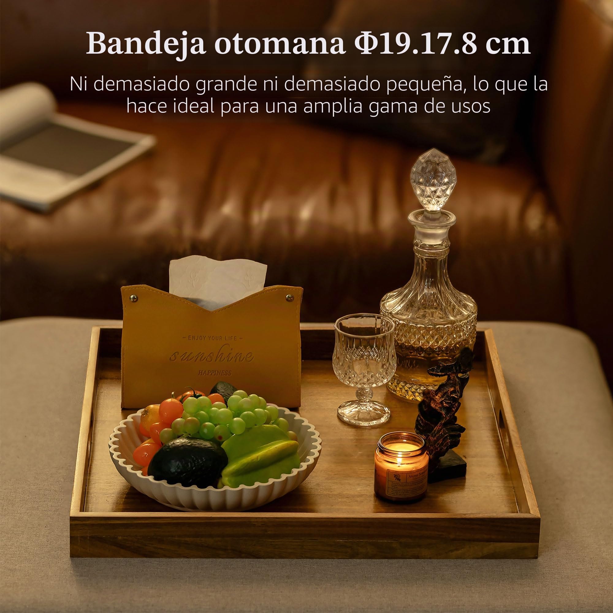 Hanobe Bandeja para servir sobre otomana grande: bandejas cuadradas decorativas de madera XXL de 50 cm con asas para mesa de café, decoración rústica para sala de estar